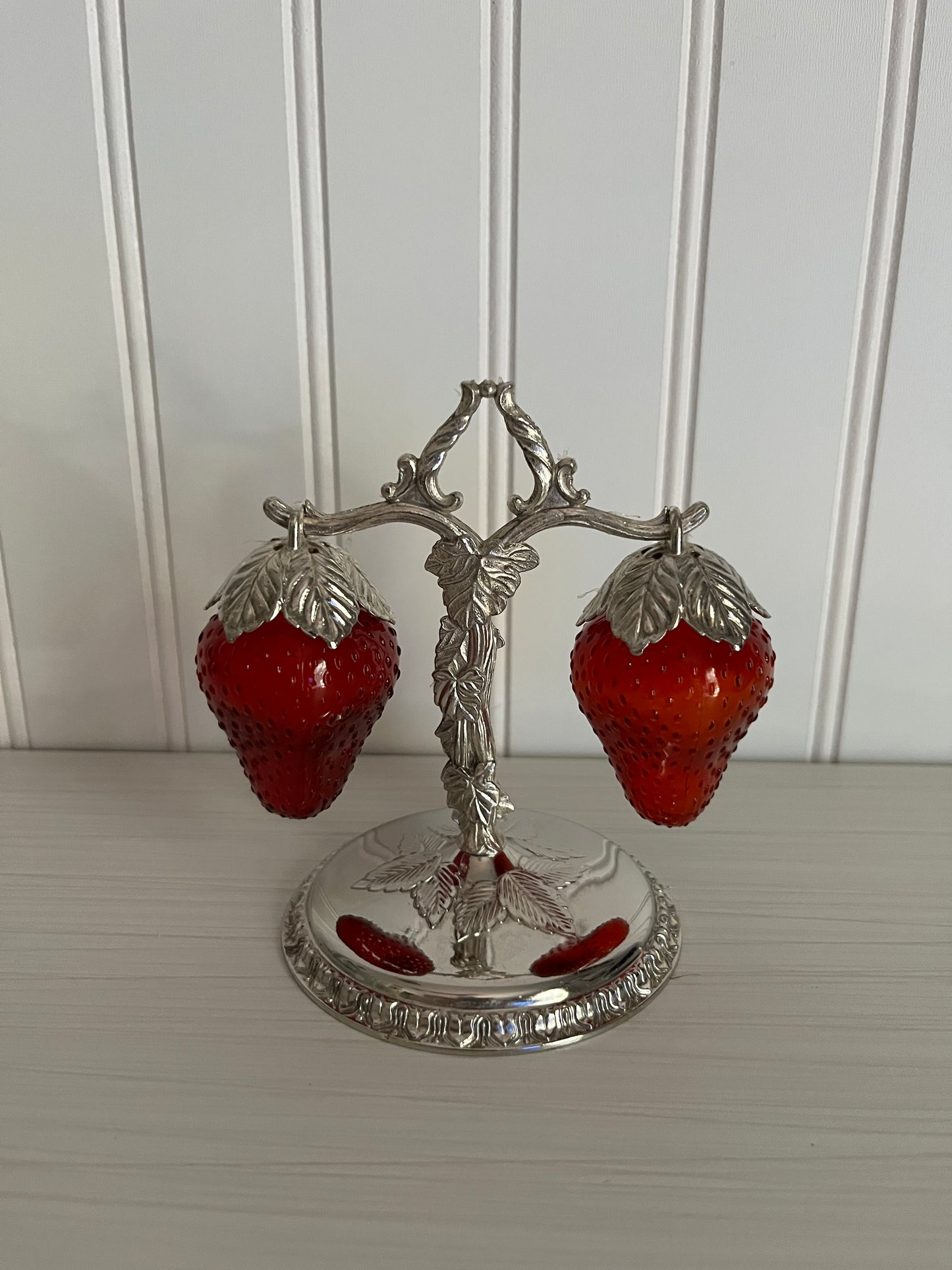 Vintage 1960s MCM Red Glass Strawberry Salt & Pepper Shakers - Hanging on Silver Plated  Vine Stand