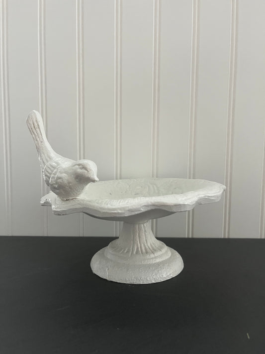 Shabby Chic Vintage White Cast Iron Bird on Bird Bath - Indoor Décor