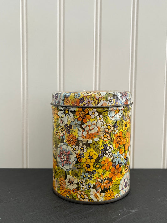 Vintage 1970’s Tea Tin Canister- Fabulous Flower Graphics”