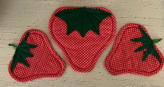 Vintage Handmade Red & Green Polka Dot Quilted Strawberry Pot Holders - Set of 3