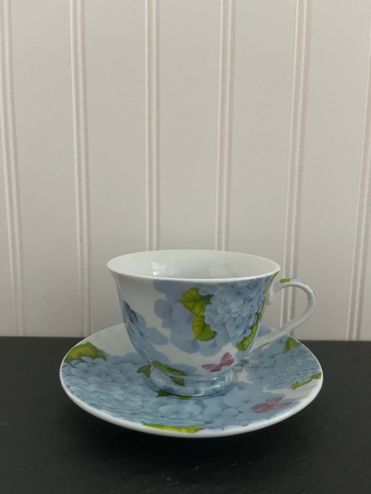 Blue Hydrangeas With Butterflies Tea Cup & Saucer Set