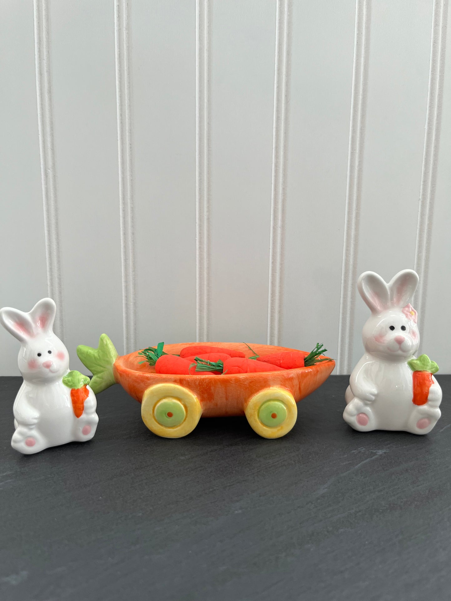 Adorable Spring Easter Bunny Rabbit Ceramic Salt & Pepper Shakers Set on Bright Orange Carrot Wagon