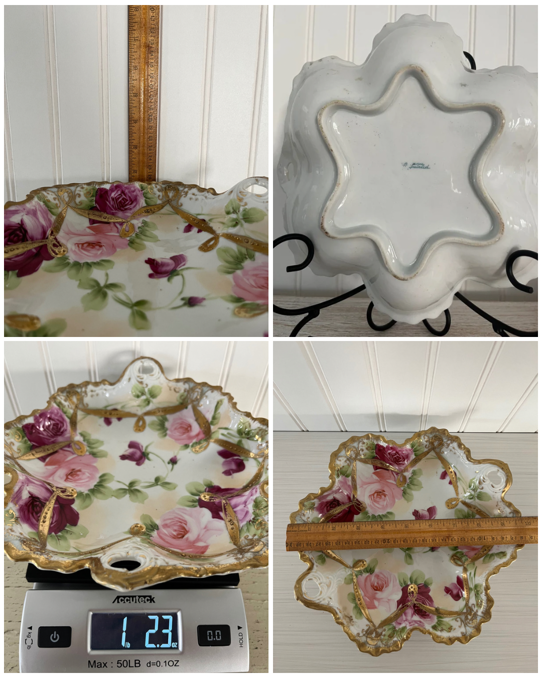 Vintage Circa 1930’s Nippon ~Hand Painted Limoges Roses Bowl, Gold Trim, 9.5”