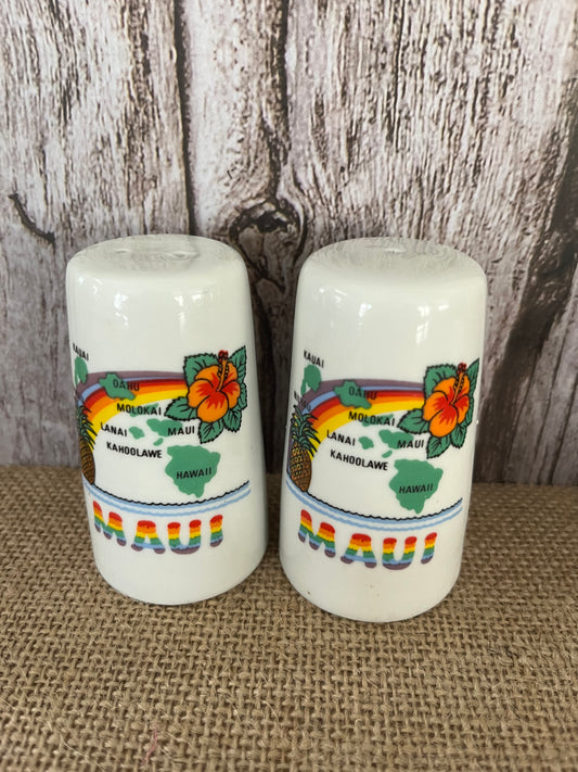 Vintage Ceramic Porcelain Salt & Pepper Shakers – Aloha Tiki Tiki Islands Fusion – Maui Hawaii – 1980s – Pineapple & Hibiscus Graphics – 3” x 1.5” – 4.3 oz