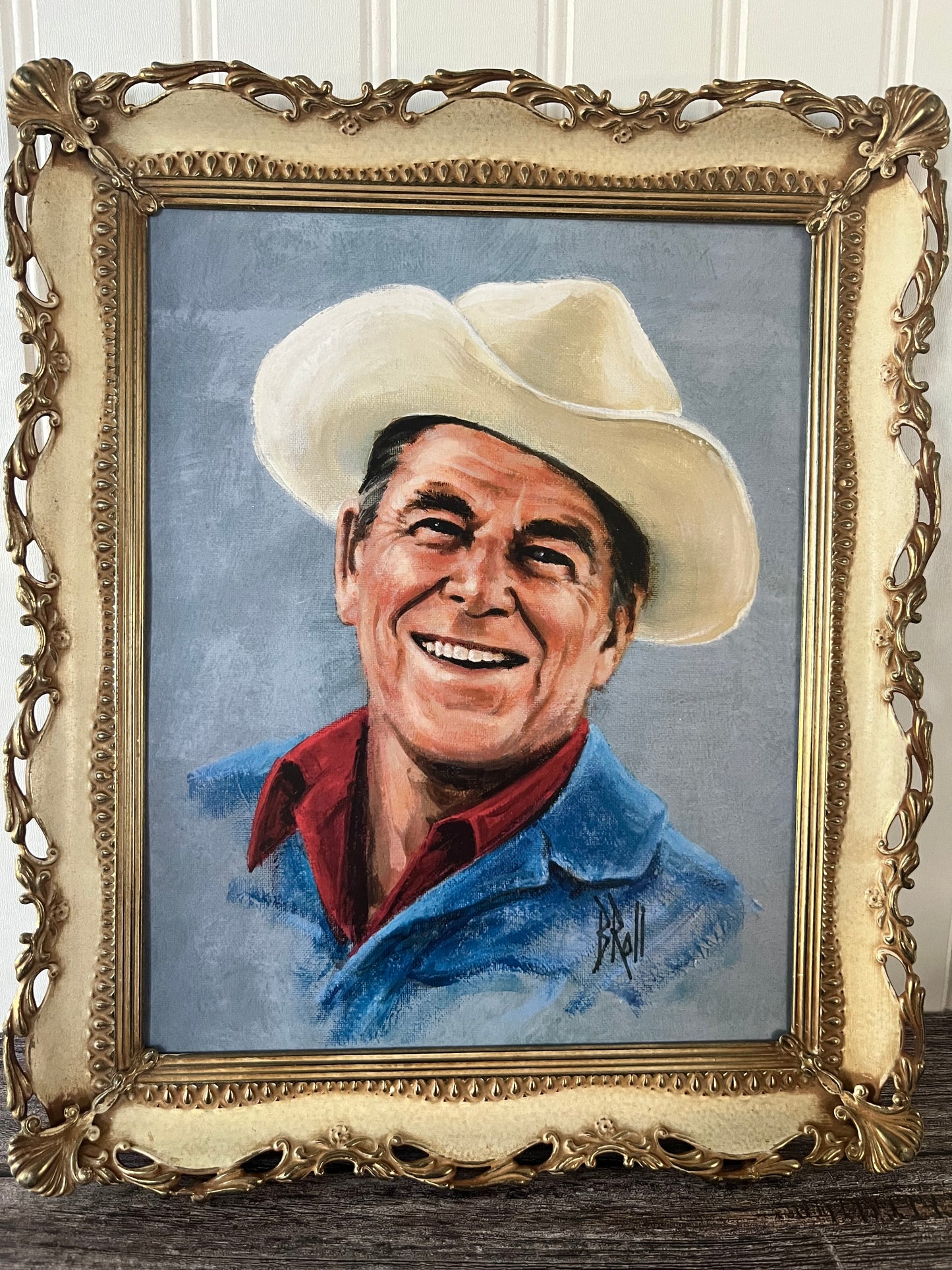 Vintage Print of Ronald Reagan in Stetson Cowboy Hat at Rancho Del Cielo, 1976 in Vintage Frame