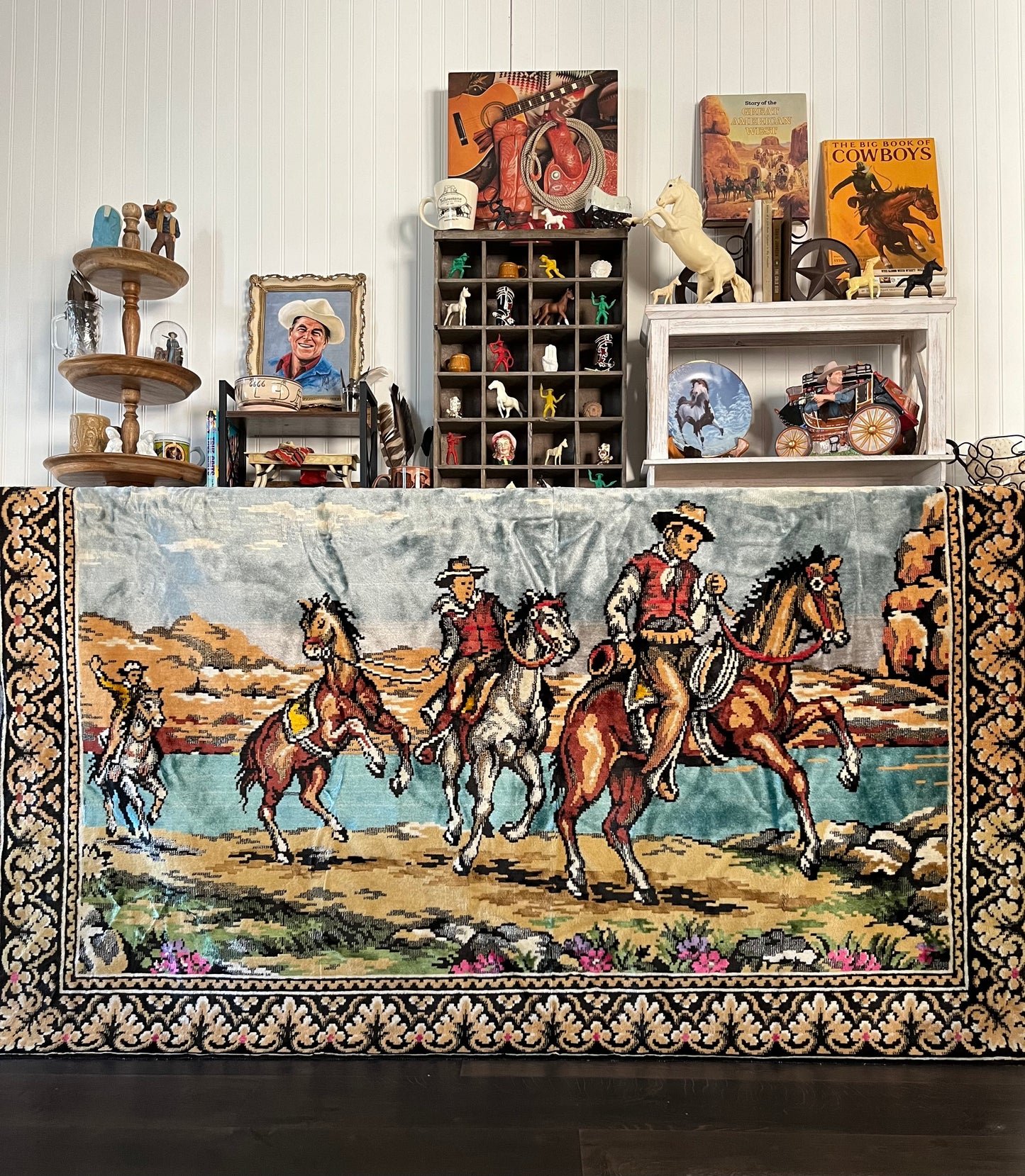 Authentic Vintage Western Americana Cowboys on Horses Wall Tapestry - 72”x52”