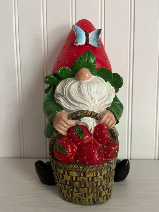 Garden Strawberry Gnome with Lantern - Solar Powered Light - Whimsical Indoor/Outdoor Decor