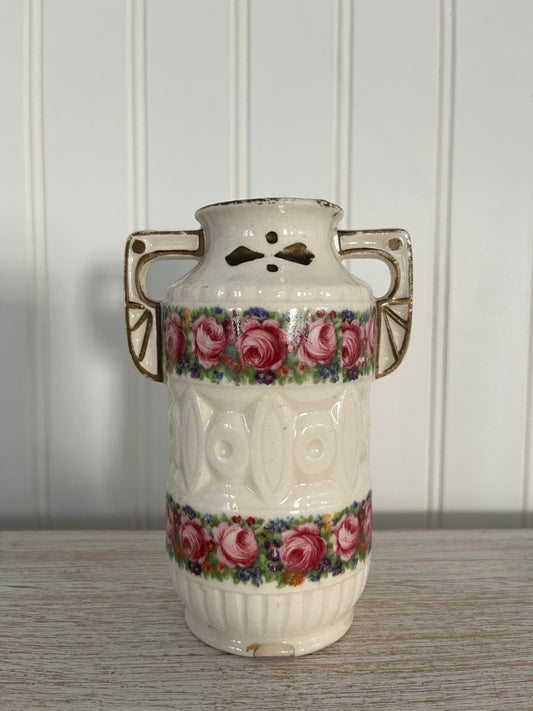 Early modern 1920’s  Vintage Art Nouveau/Art Deco Czechoslovakian Rose Floral Hand Painted Double Handle Porcelain Vase