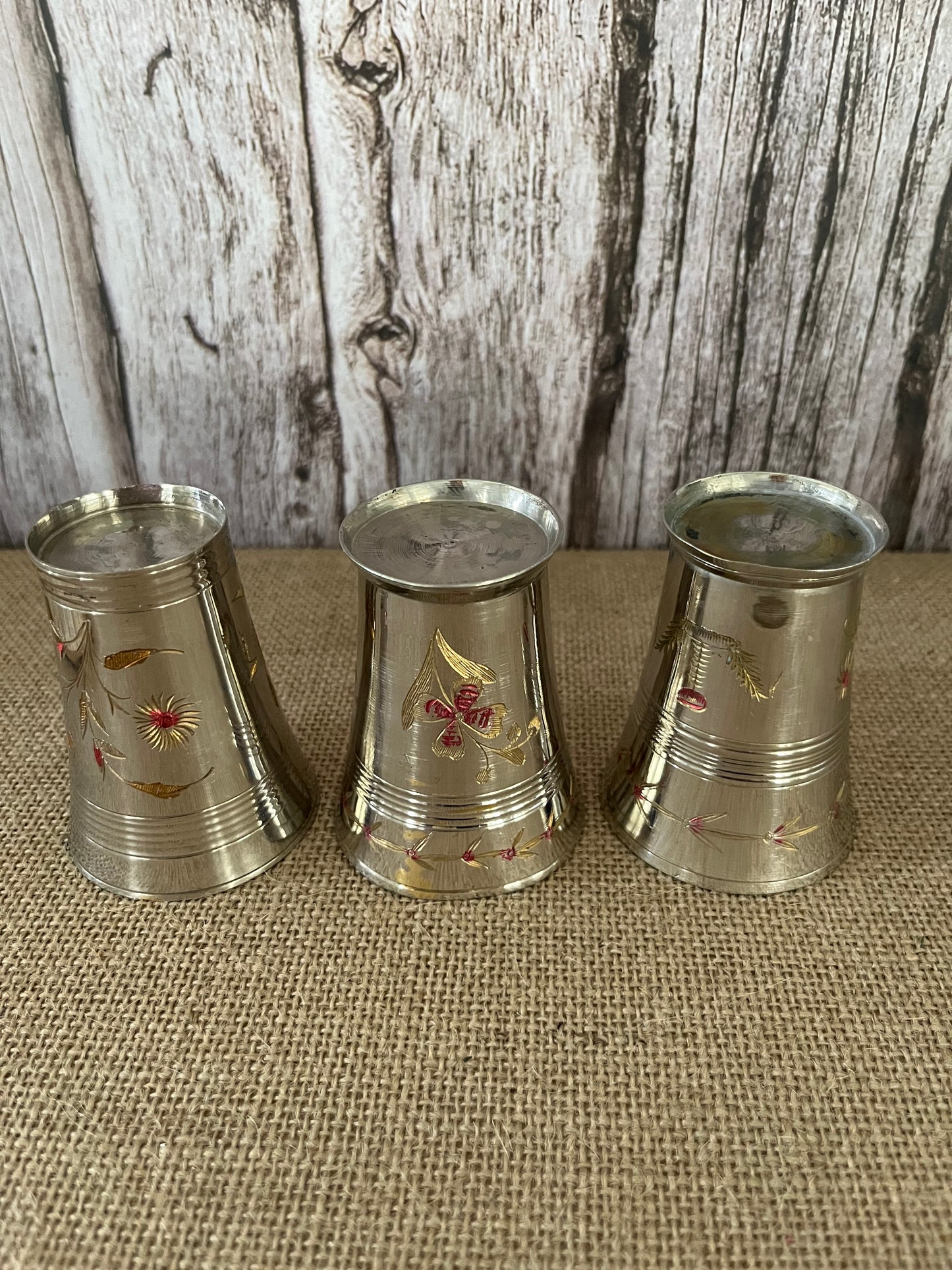 Vintage Handcrafted Brass & Silver Lassi Cups (Set of 3) - Floral, Bird, & Palm Tree Etching