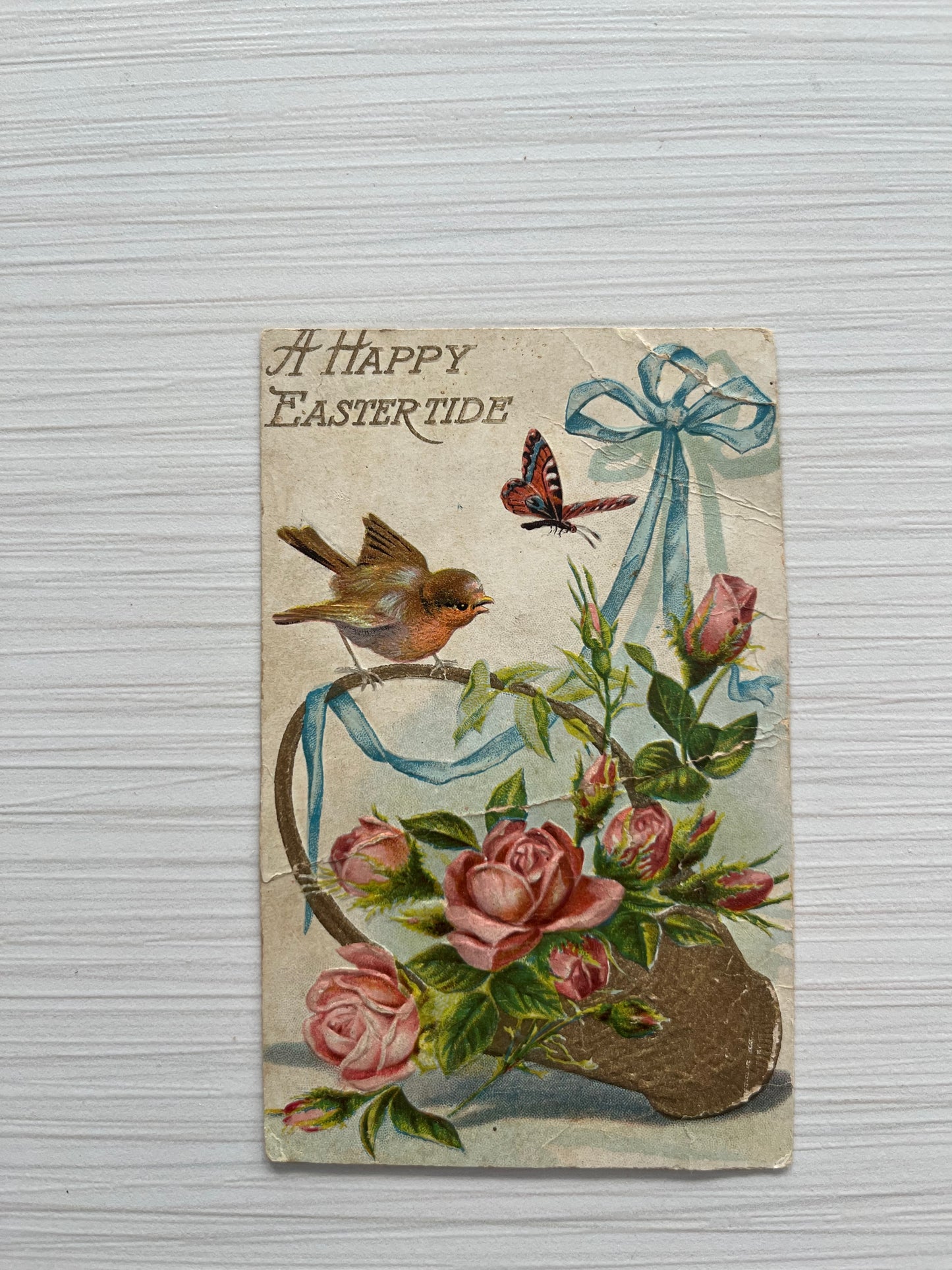 Antique Early 1900’s Easter Postcard in Wooden Frame - Birds, Flowers, and Butterflies
