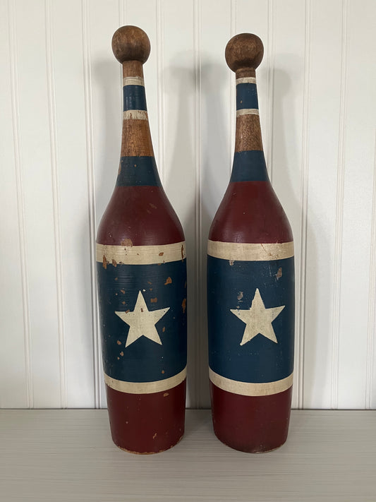 Vintage Patriotic Indian Juggling Pins (Pair) - Rare Red White Blue Wooden Clubs from 1940s