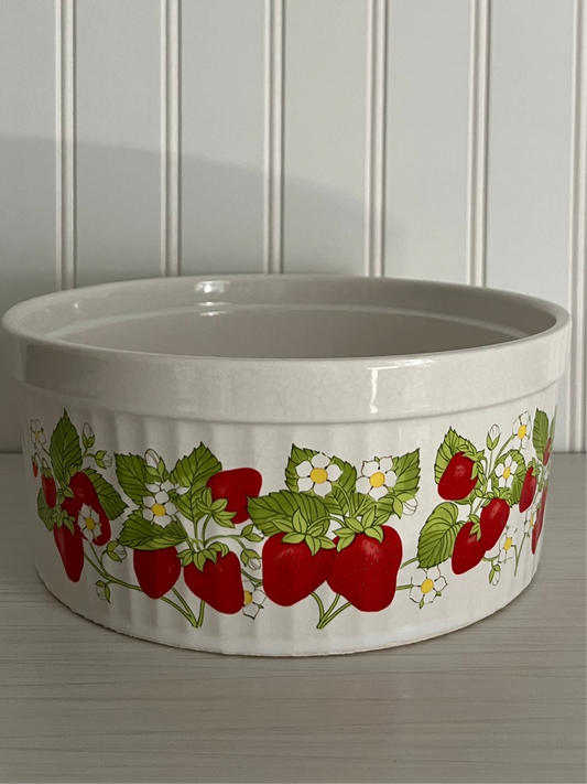 Vintage 1980’s Action Japan Strawberries N’ Cream Stoneware Casserole Dish - Bowl Ribbed Exterior with Strawberries & Flowers Pattern - 8” x 3.5”