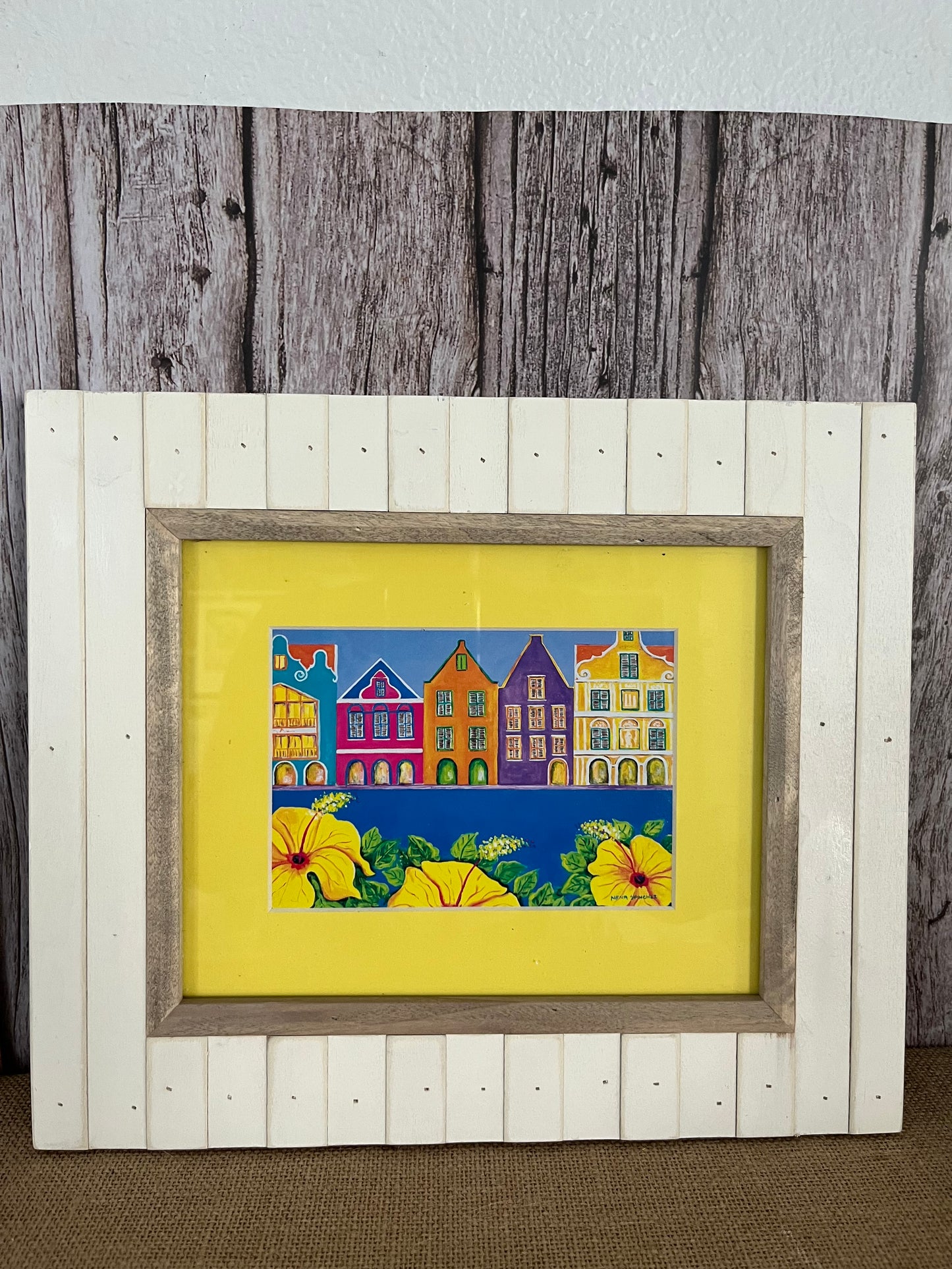 Nena Sanchez “Waterkant Curaçao” Framed Art - Vibrant Caribbean Houses & Hibiscus