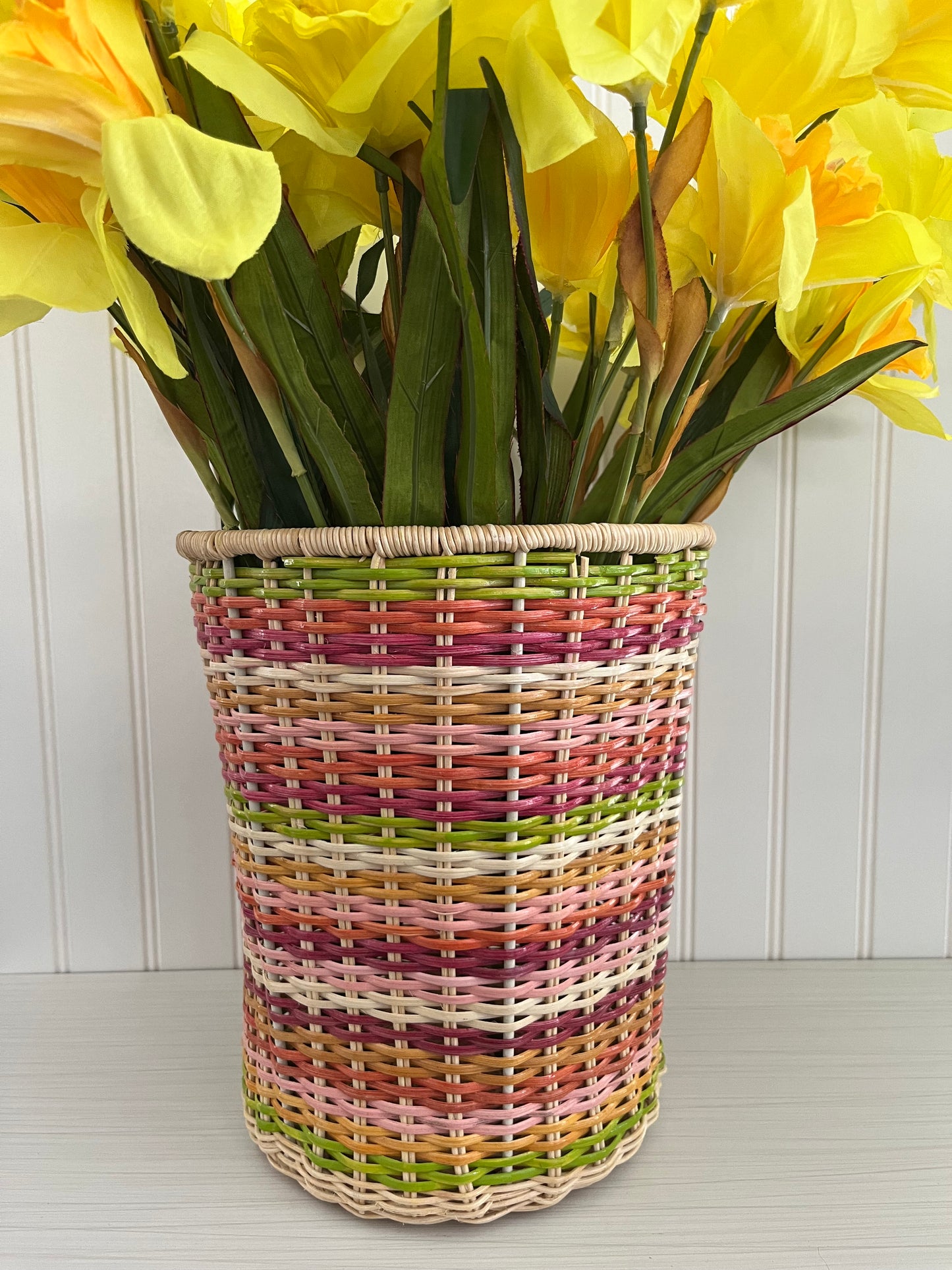 Vintage Multi-Striped Colored Rattan Basket -