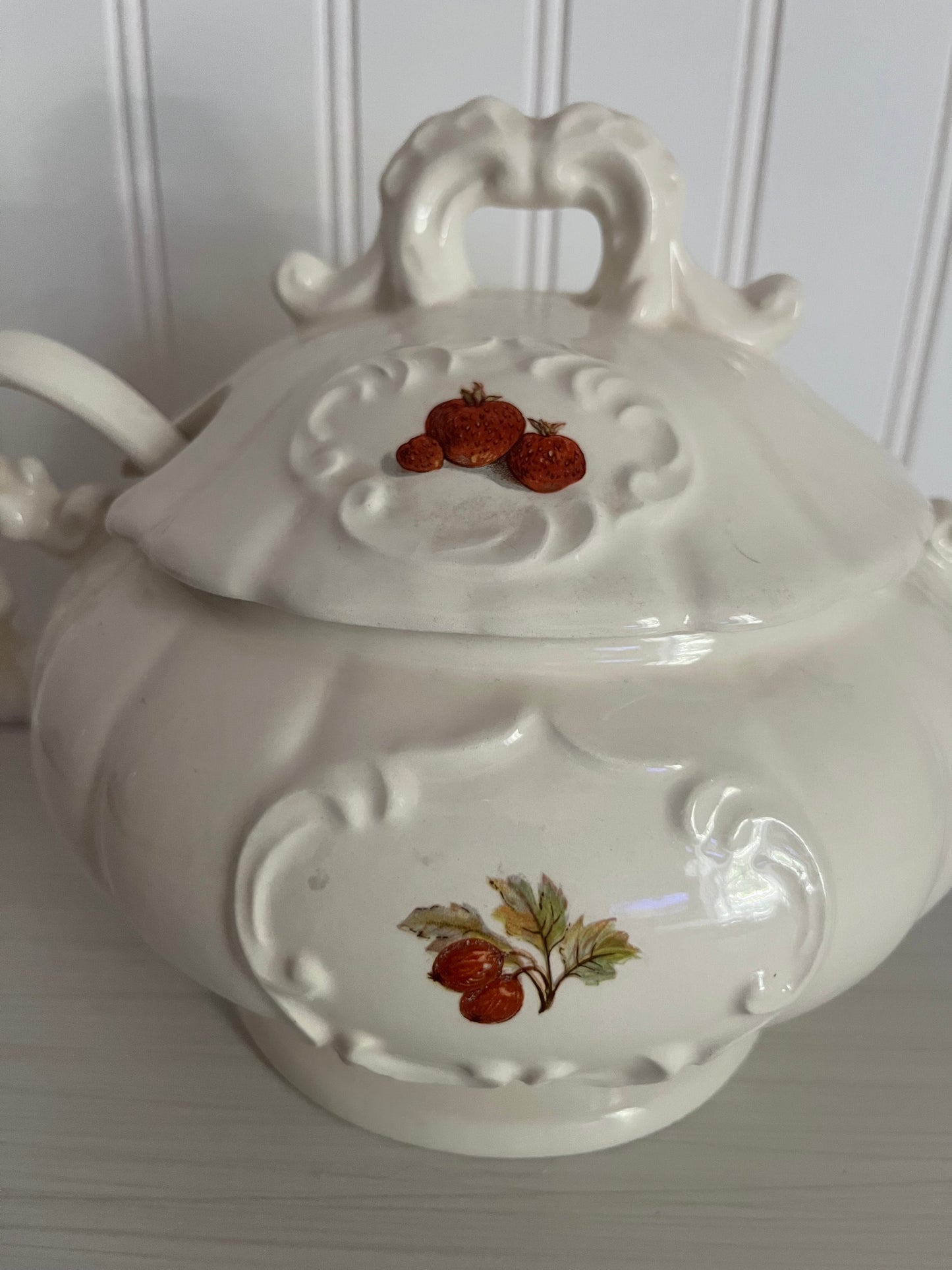 Vintage Classic Fancy Farmhouse Cream Ceramic Covered Casserole Soup Tureen – Rococo Style with Scrolled Double Handles & Fruit Motif – Strawberry & Gooseberry 6.5 x 8 x 7 inches – With Ladle