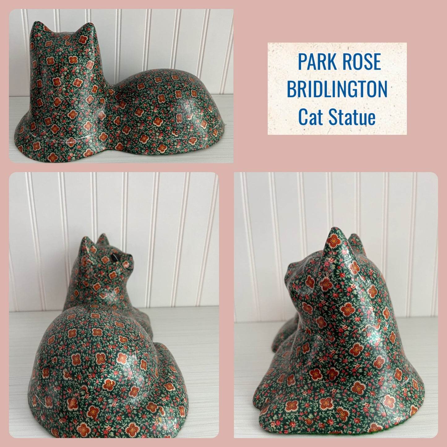 Vintage 1980’s Cat Statue/Door Stop , PARK ROSE BRIDLINGTON Pottery , Green, Red, Black Floral