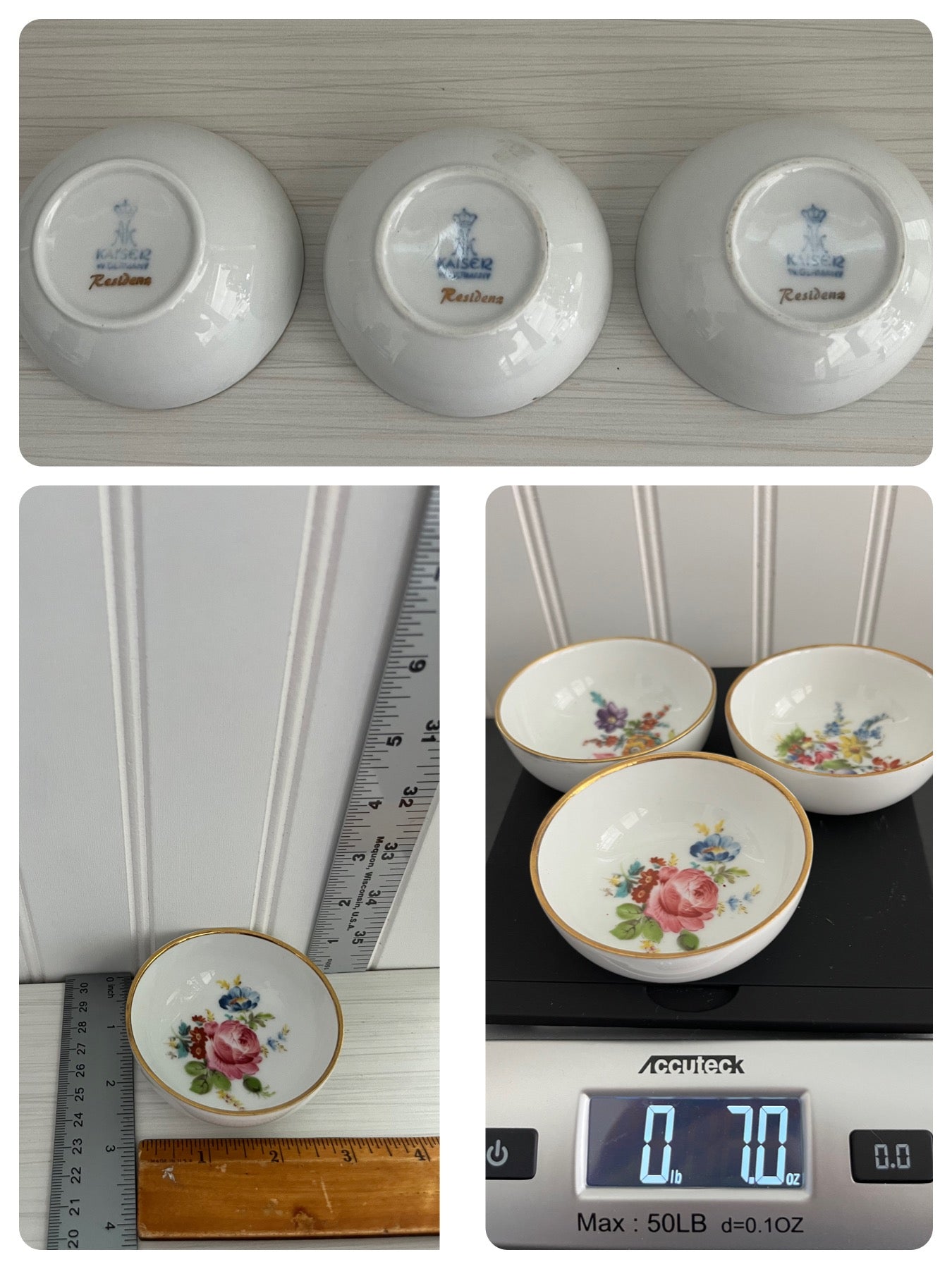 Beautiful Circa 1980’s Vintage Kaiser W. Germany Floral Bouquet White Porcelain Trinket Dishes (Set of 3) with Gold Trim – 3” – 7oz