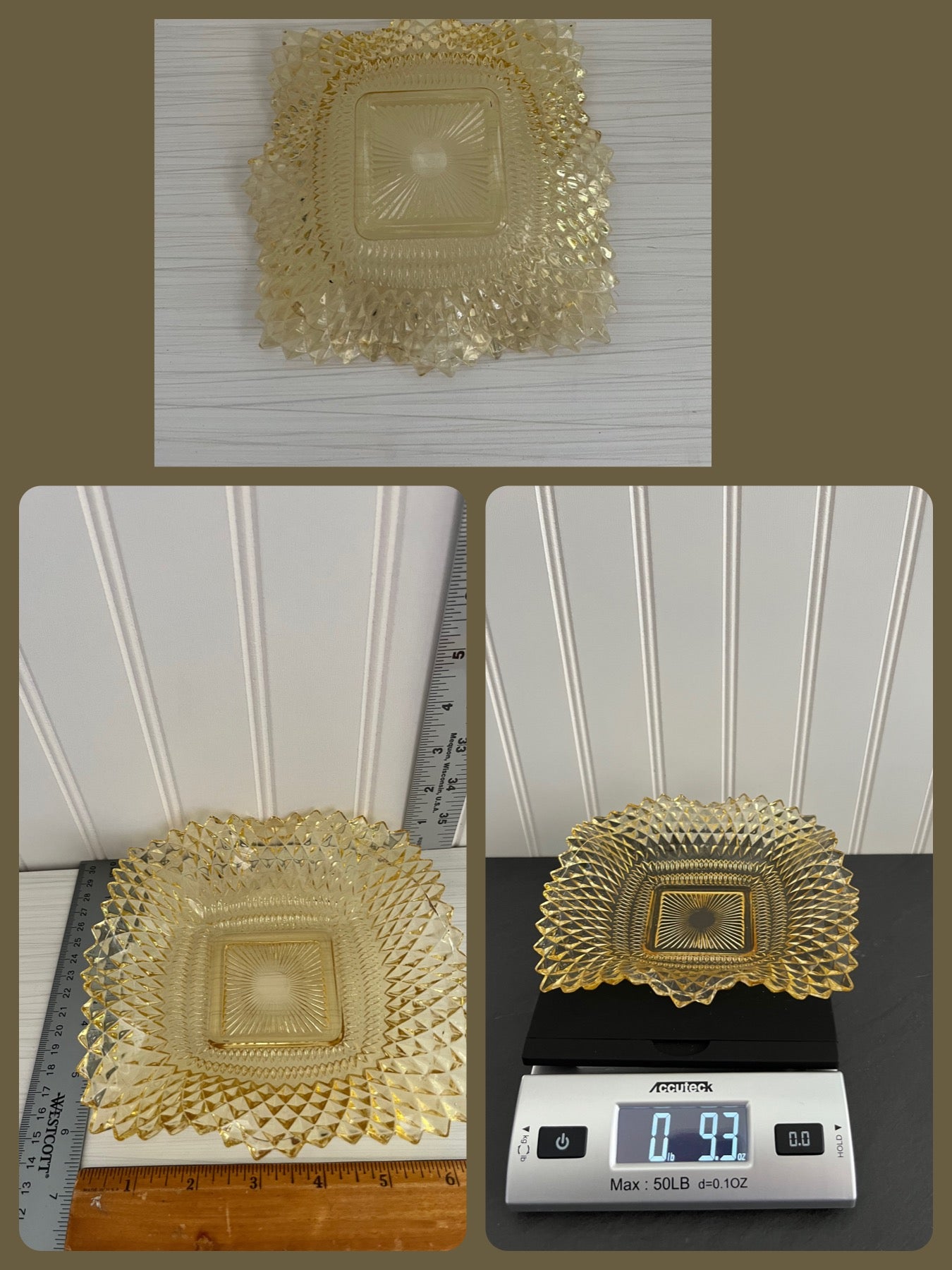 Vintage Mid  Century 1950s Federal Glass Diamond Point Ruffled Edge Yellow Square Candy Dish