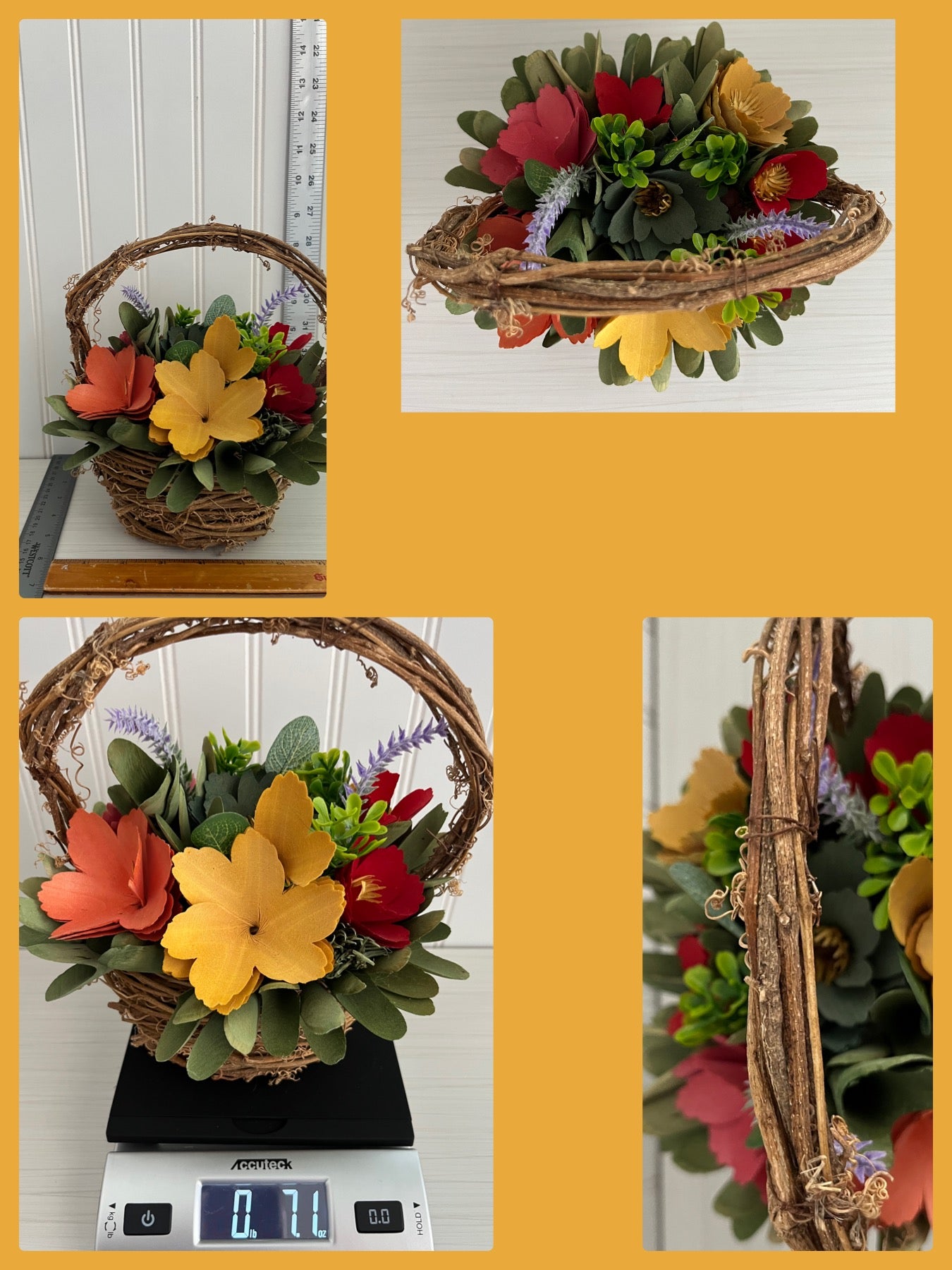 Modern Handcrafted Multicolor Flower Arrangement With Natural Wood Elements in Rustic Woven Basket - 9” Tall