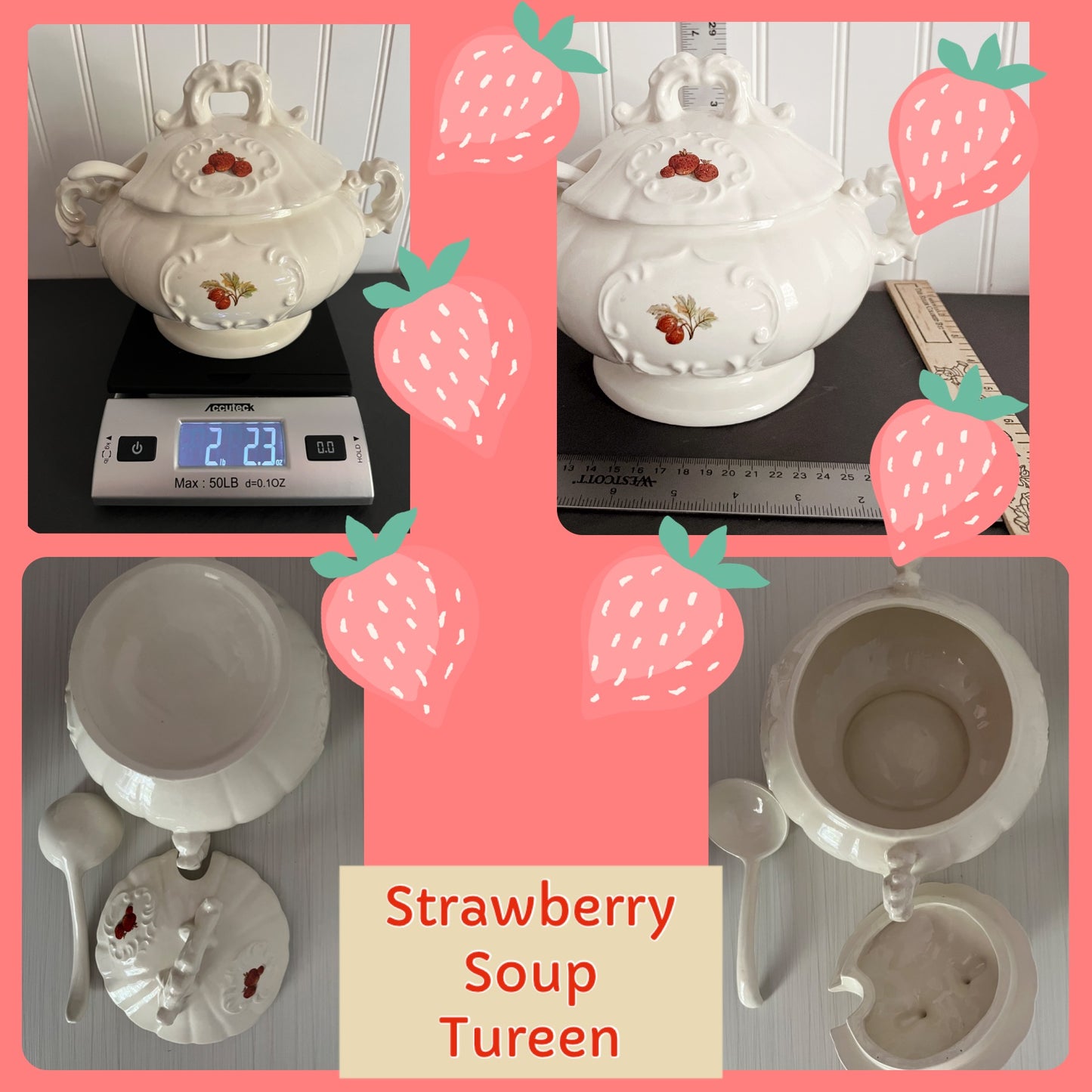 Vintage Classic Fancy Farmhouse Cream Ceramic Covered Casserole Soup Tureen – Rococo Style with Scrolled Double Handles & Fruit Motif – Strawberry & Gooseberry 6.5 x 8 x 7 inches – With Ladle