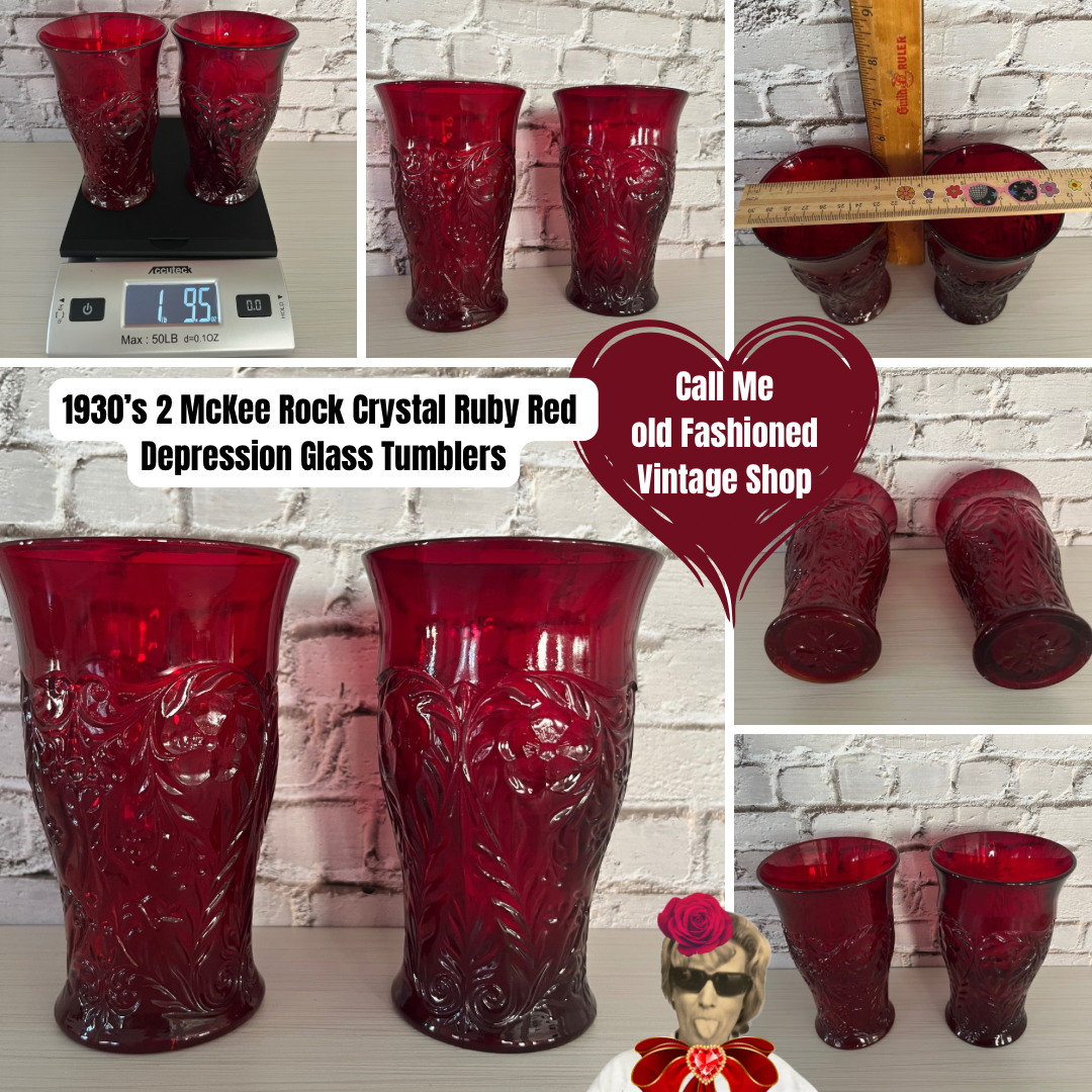 2 McKee Rock Crystal Ruby Red Depression Glass Tumblers with Embossed Floral Design