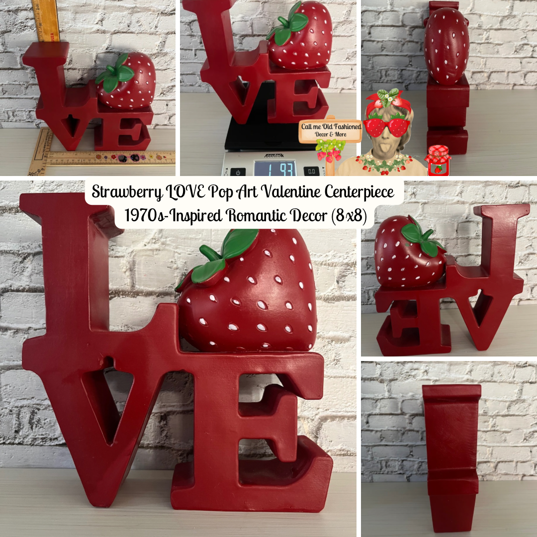 Strawberry LOVE Pop Art Valentine Centerpiece – 1970s-Inspired Romantic Decor (8x8 Resin)