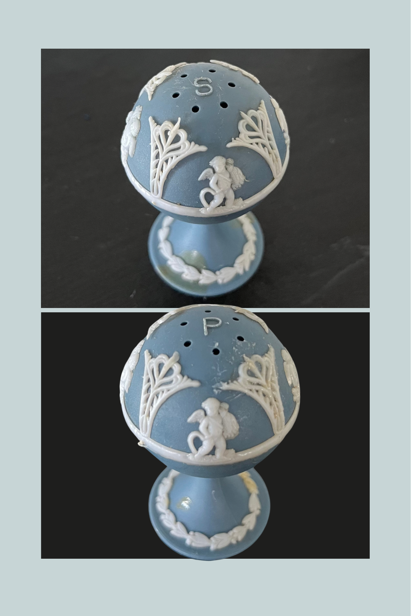 Vintage Wedgwood Blue-Neoclassical Style Salt and Pepper Shakers - Cherub Design, Blue and White, Made in Hong Kong