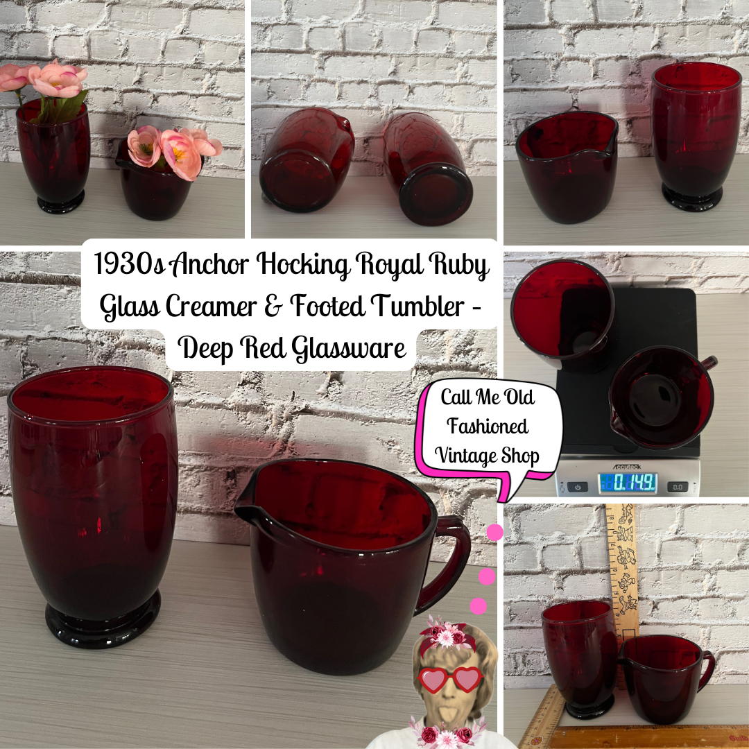 1930s Anchor Hocking Royal Ruby Glass Creamer & Footed Tumbler – Deep Red Glassware