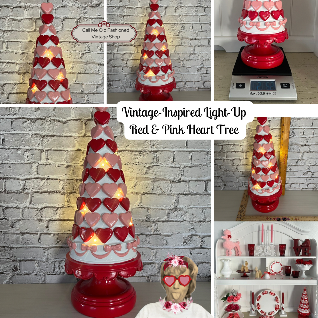 Vintage-Inspired Light-Up Red & Pink Heart Tree on Pedestal