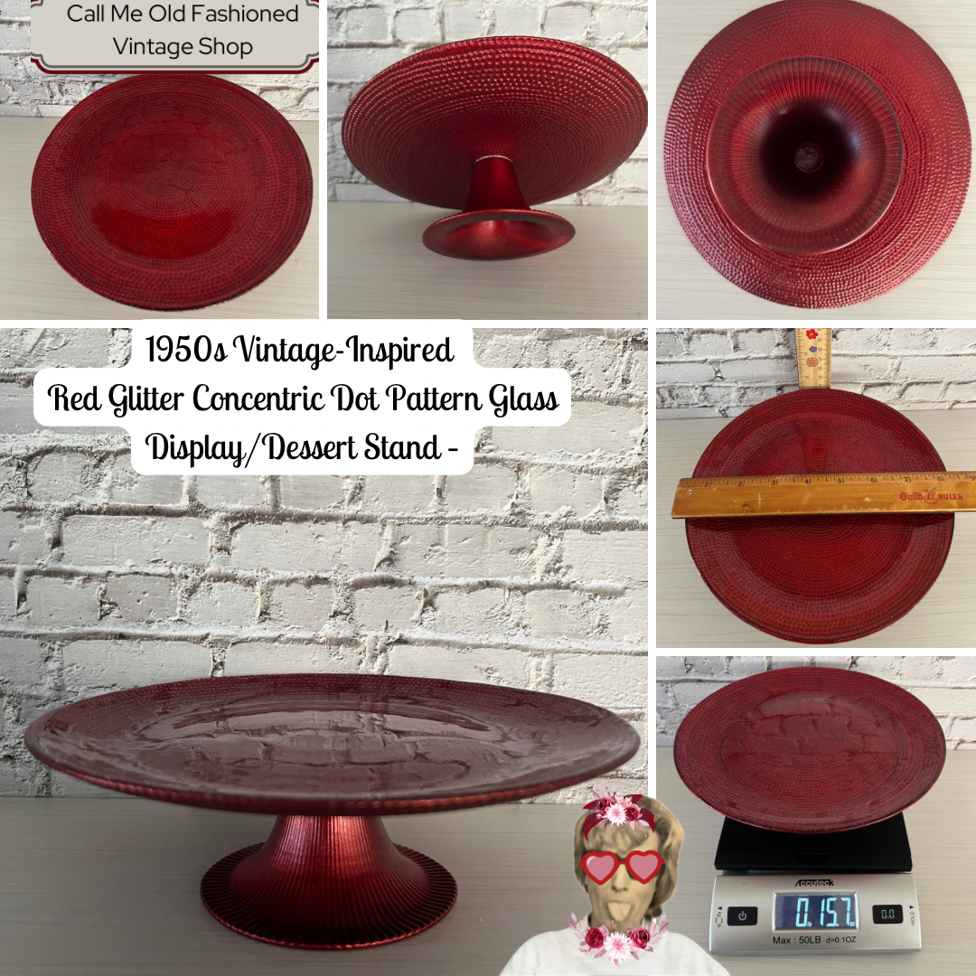 1950s Vintage-Inspired Red Glitter Concentric Dot Pattern Glass Display/Dessert Stand –