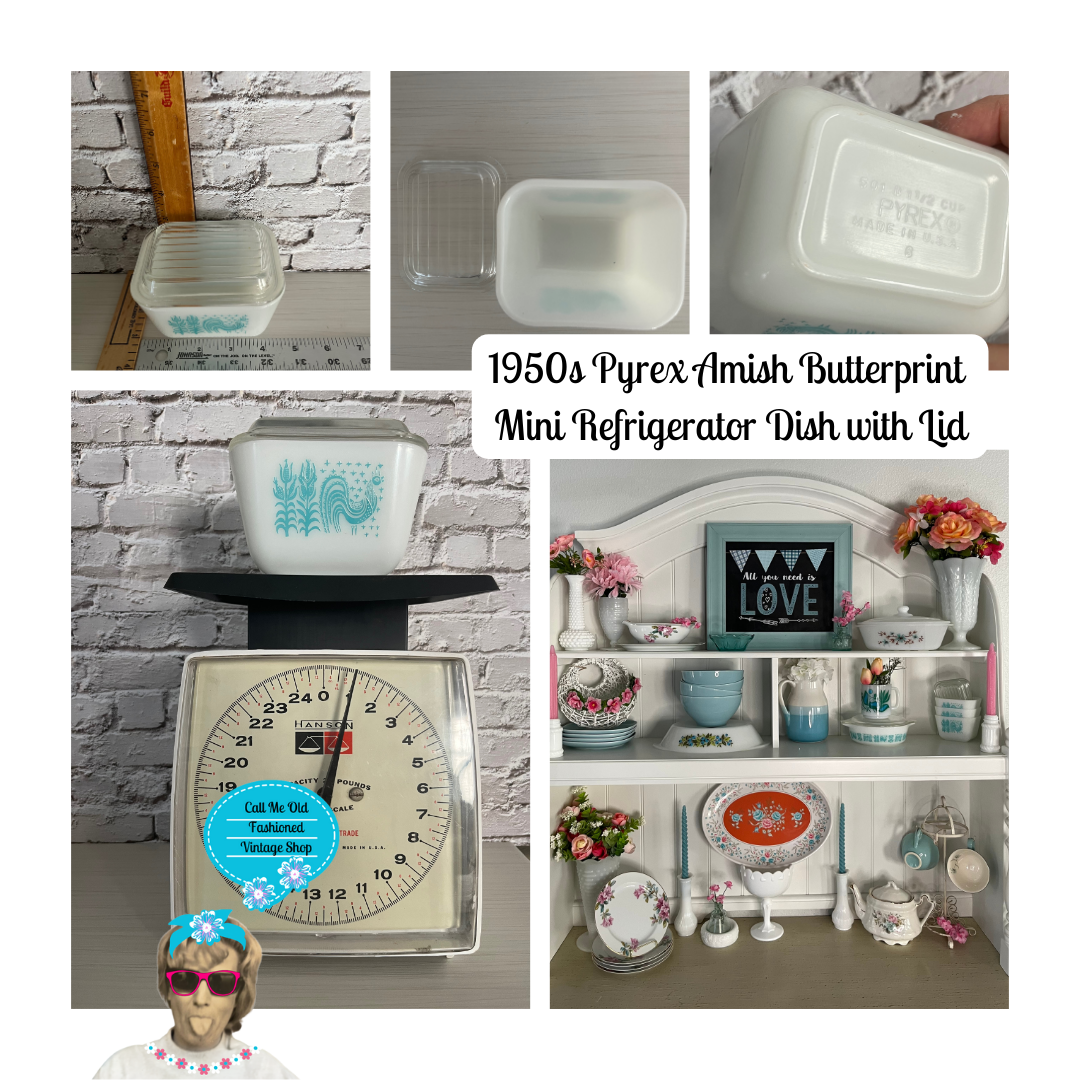 1950s Pyrex Amish Butterprint Mini Refrigerator Dish with Lid – Turquoise & White, 501B