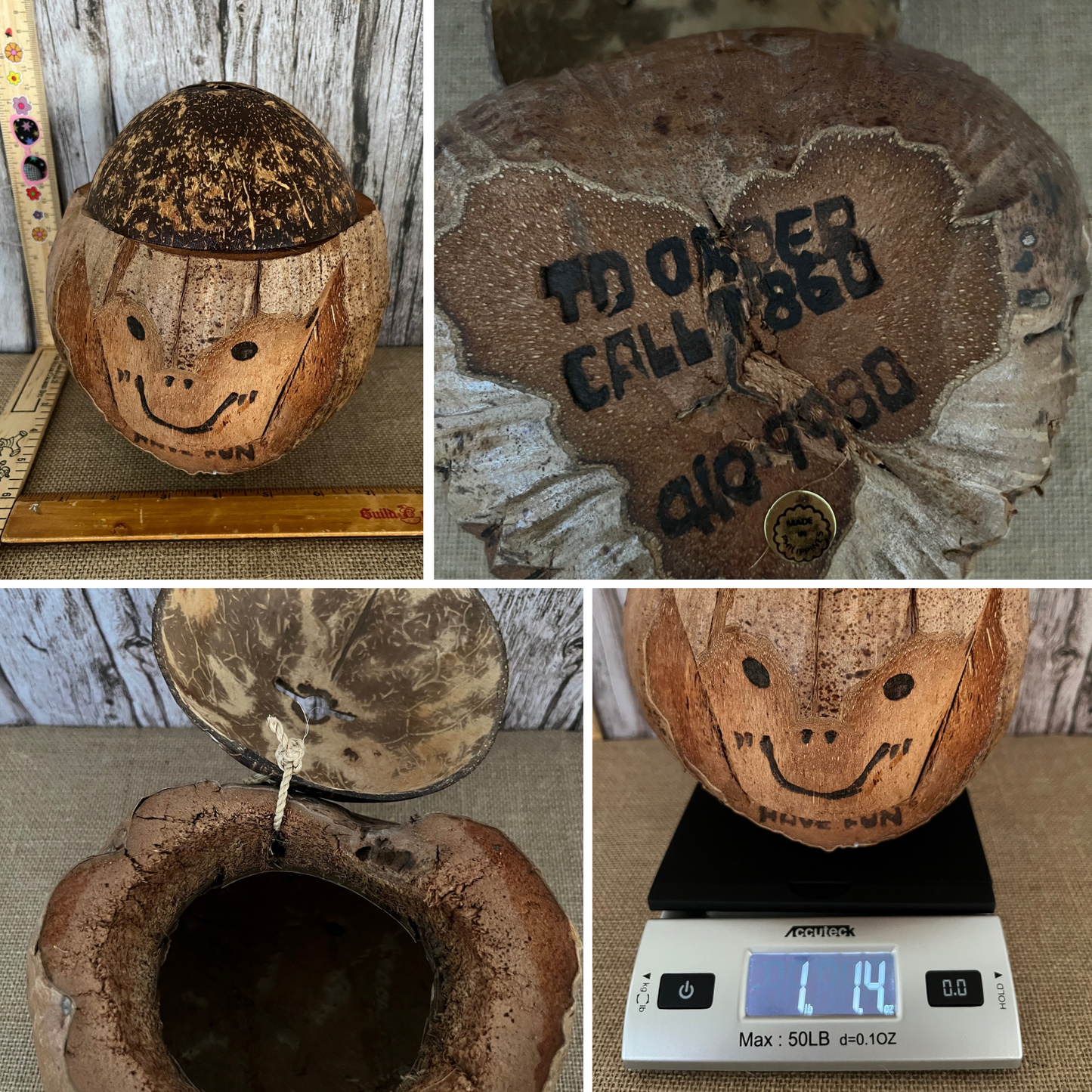 Carved Tiki Coconut Head Souvenir Money Bank – Vintage Island Décor, Aloha Tiki Tiki Islands Fusion Theme