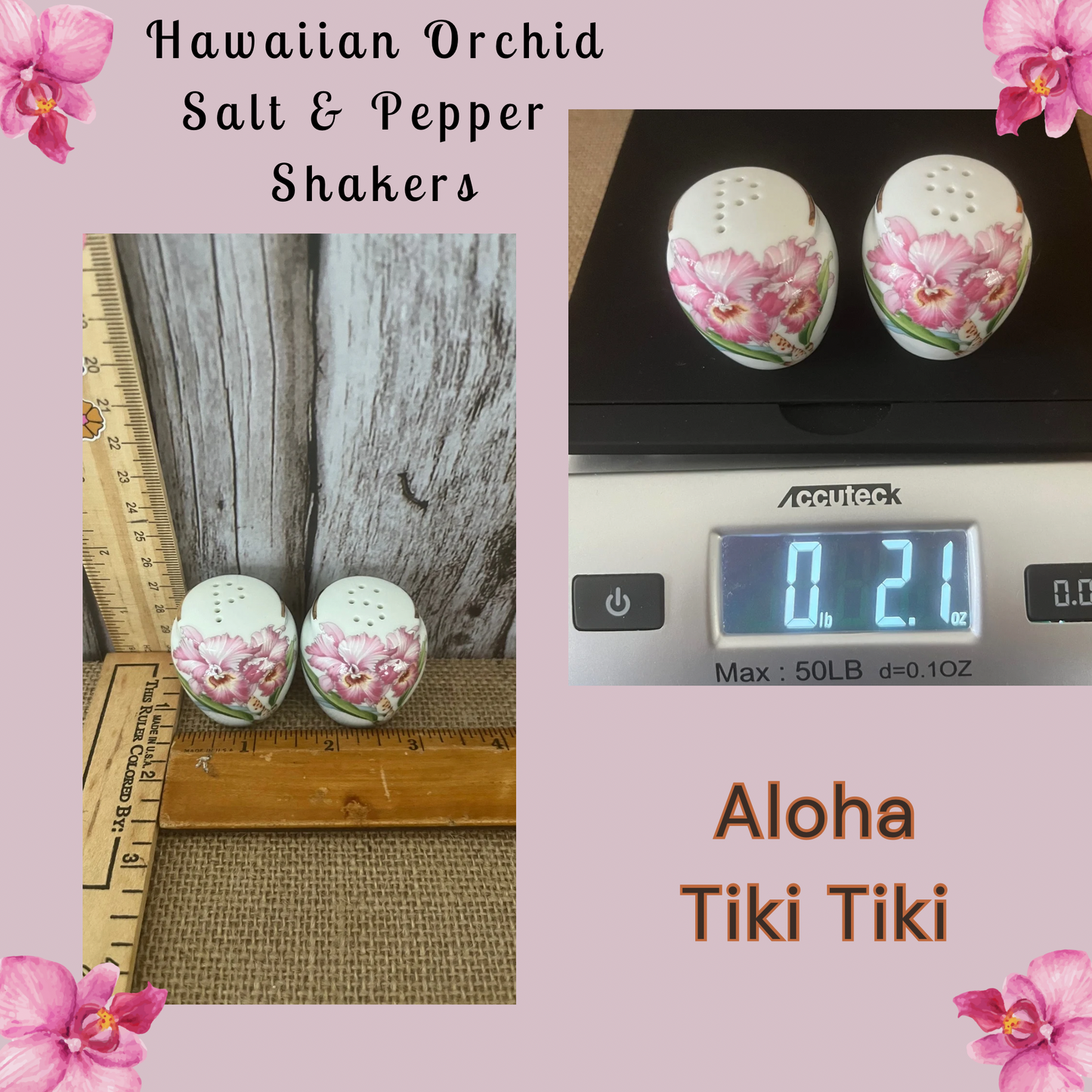 Vintage White Ceramic Hawaii Pink Orchids Salt and Pepper Shakers with Gold Trim - Aloha Tiki Islands Fusion