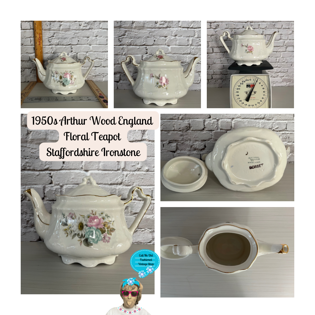 1950s Arthur Wood England Floral Teapot – Staffordshire Ironstone with Gold Trim