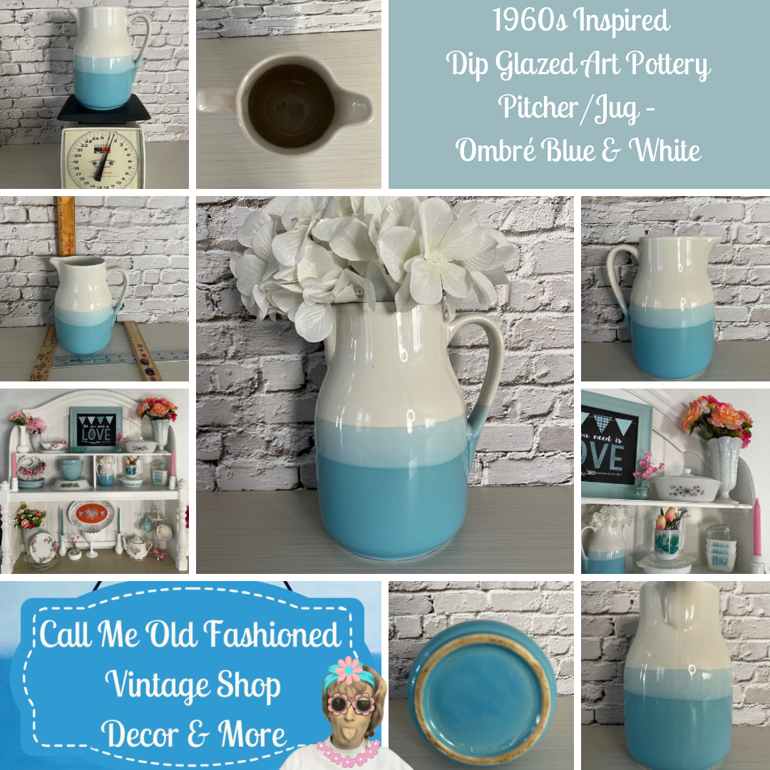 1960s Inspired Dip Glazed Art Pottery Pitcher Jug – Ombré Turquoise Blue & White Ceramic