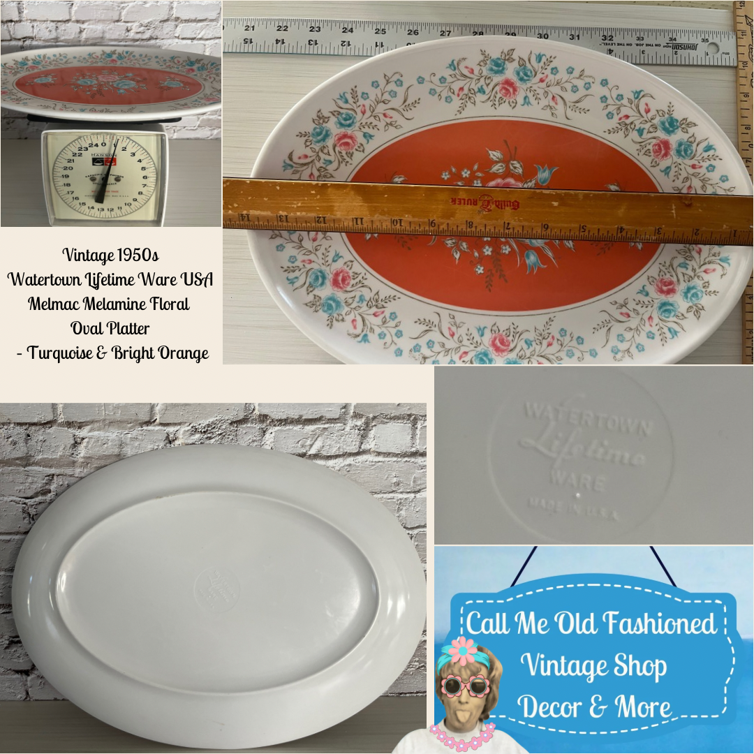 Vintage 1950s Watertown Lifetime Ware USA Melmac Melamine Floral Oval Platter Tray– Turquoise & Bright Orange