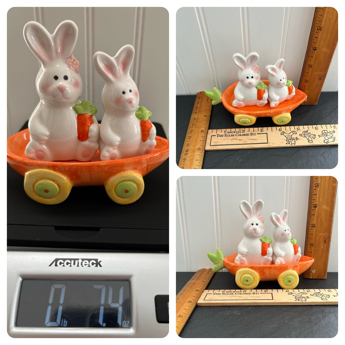 Adorable Spring Easter Bunny Rabbit Ceramic Salt & Pepper Shakers Set on Bright Orange Carrot Wagon