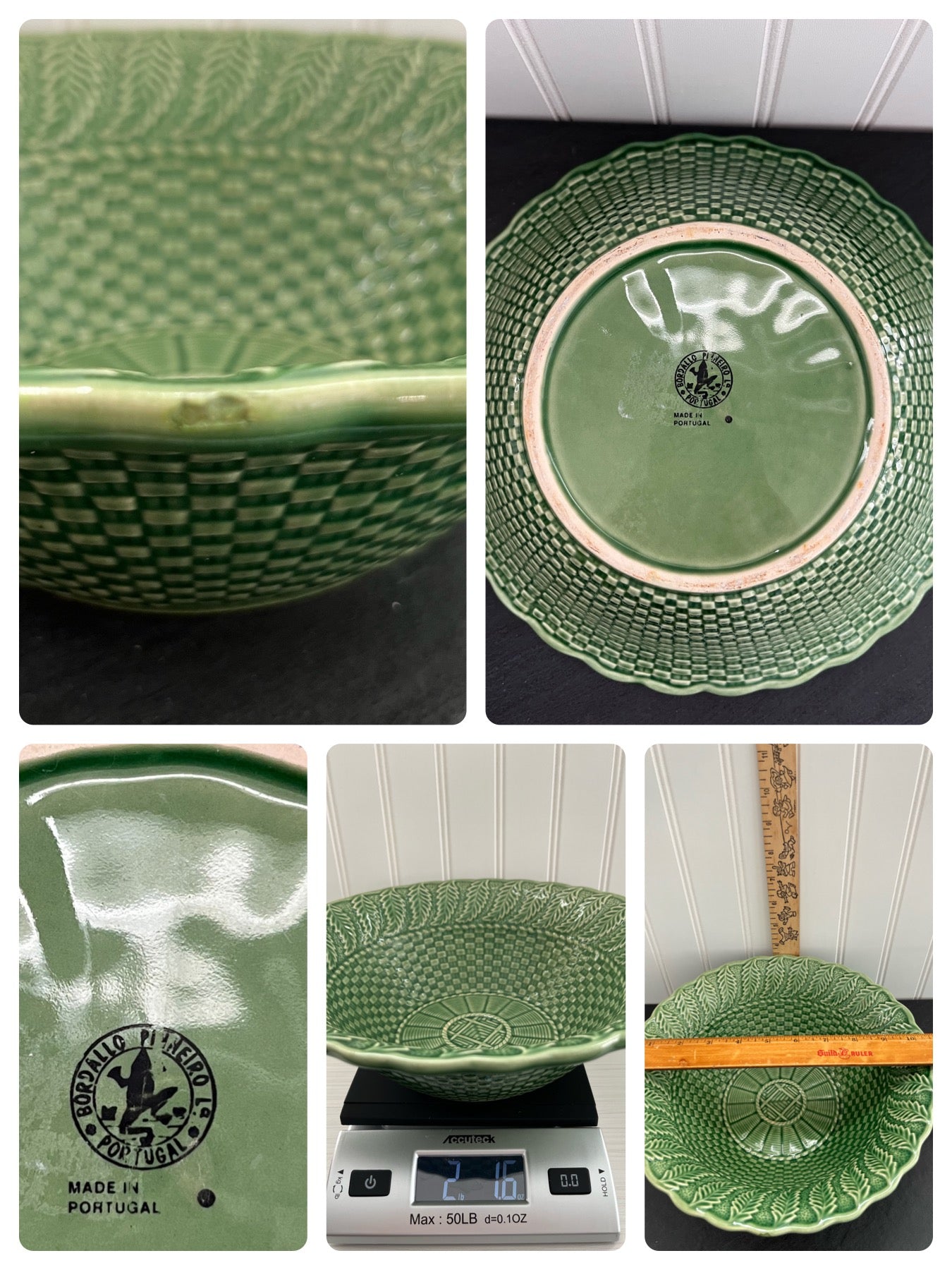 Bordallo Pinheiro Green Embossed Fern Leaf Majolica Basket Weave Serving Bowl -
