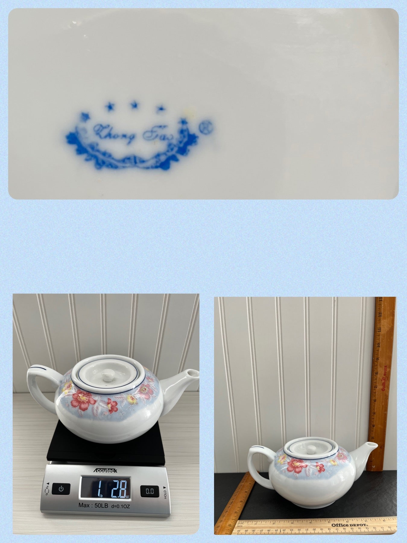 Vintage  LHONG TAO Pink, Yellow, Blue Floral Print Porcelain Tea Pot with Flat Lid