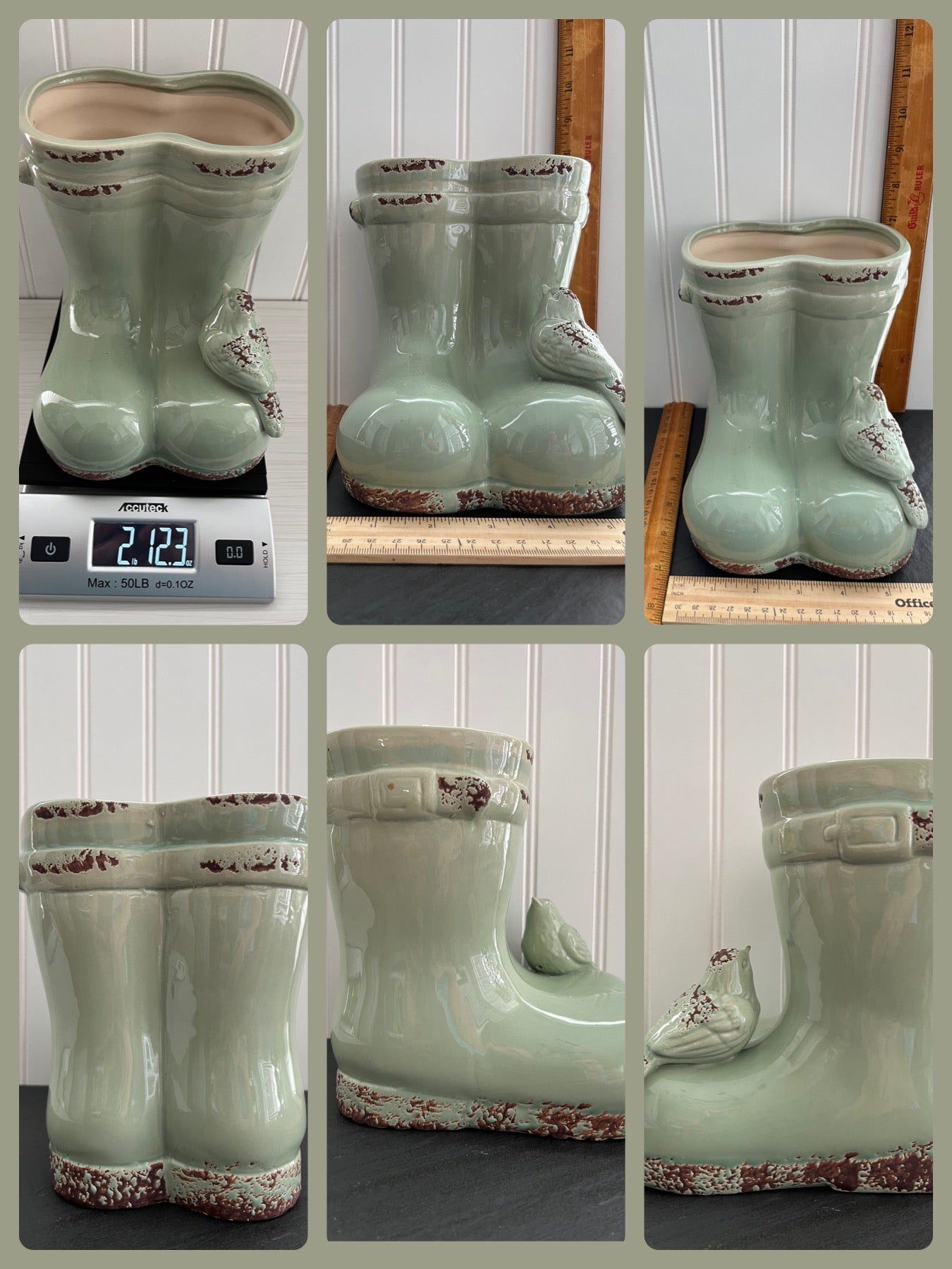 Weathered Look Moss Green Ceramic Rain Boot Planter with Bird