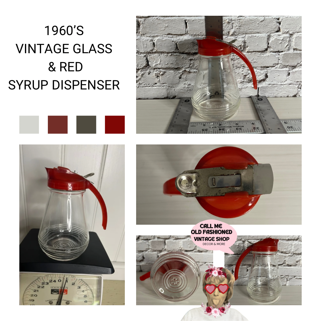 1950s-1960s Vintage Glass Syrup Dispenser | Clear Ribbed Glass with Red Plastic Lid