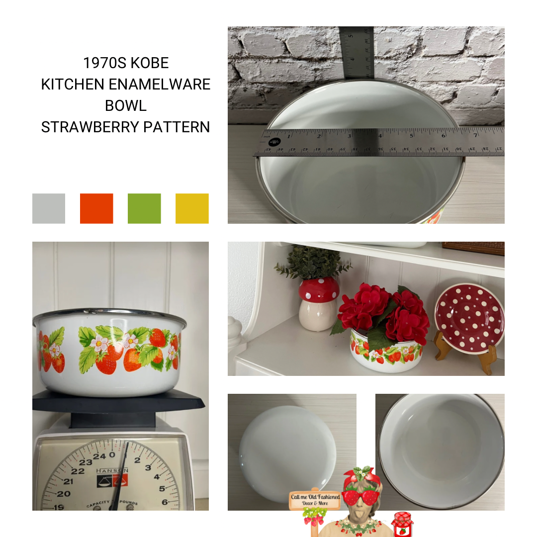 1970s Kobe Kitchen Enamelware Bowl | Strawberry Pattern | Retro Farmhouse Kitchenware