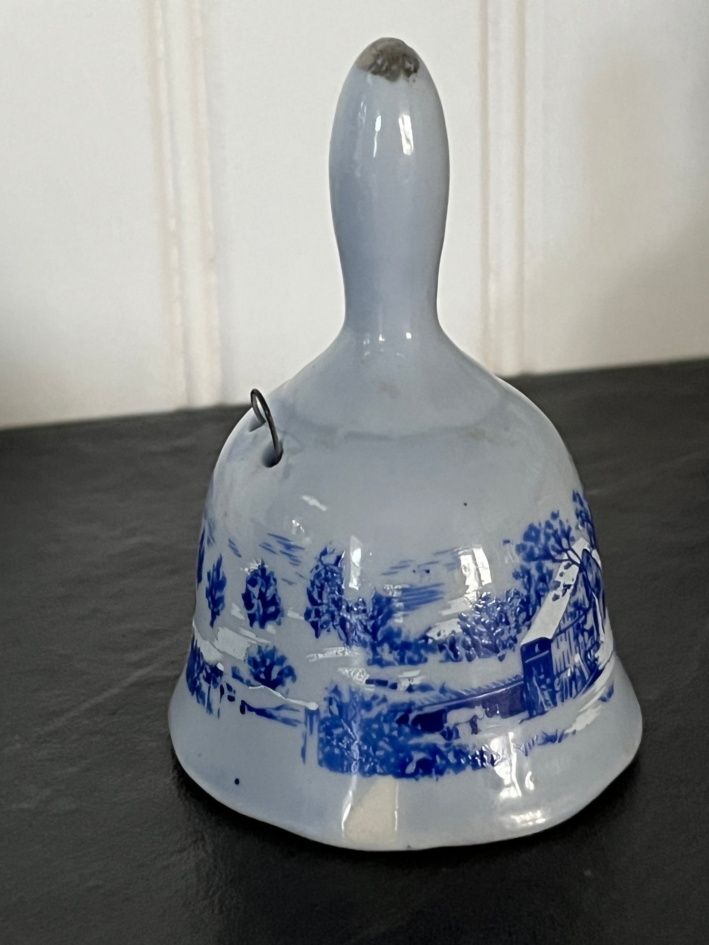 Small Vintage Currier & Ives Blue and White Winter Scene Porcelain Bell - 3" Height - Collectible Decor