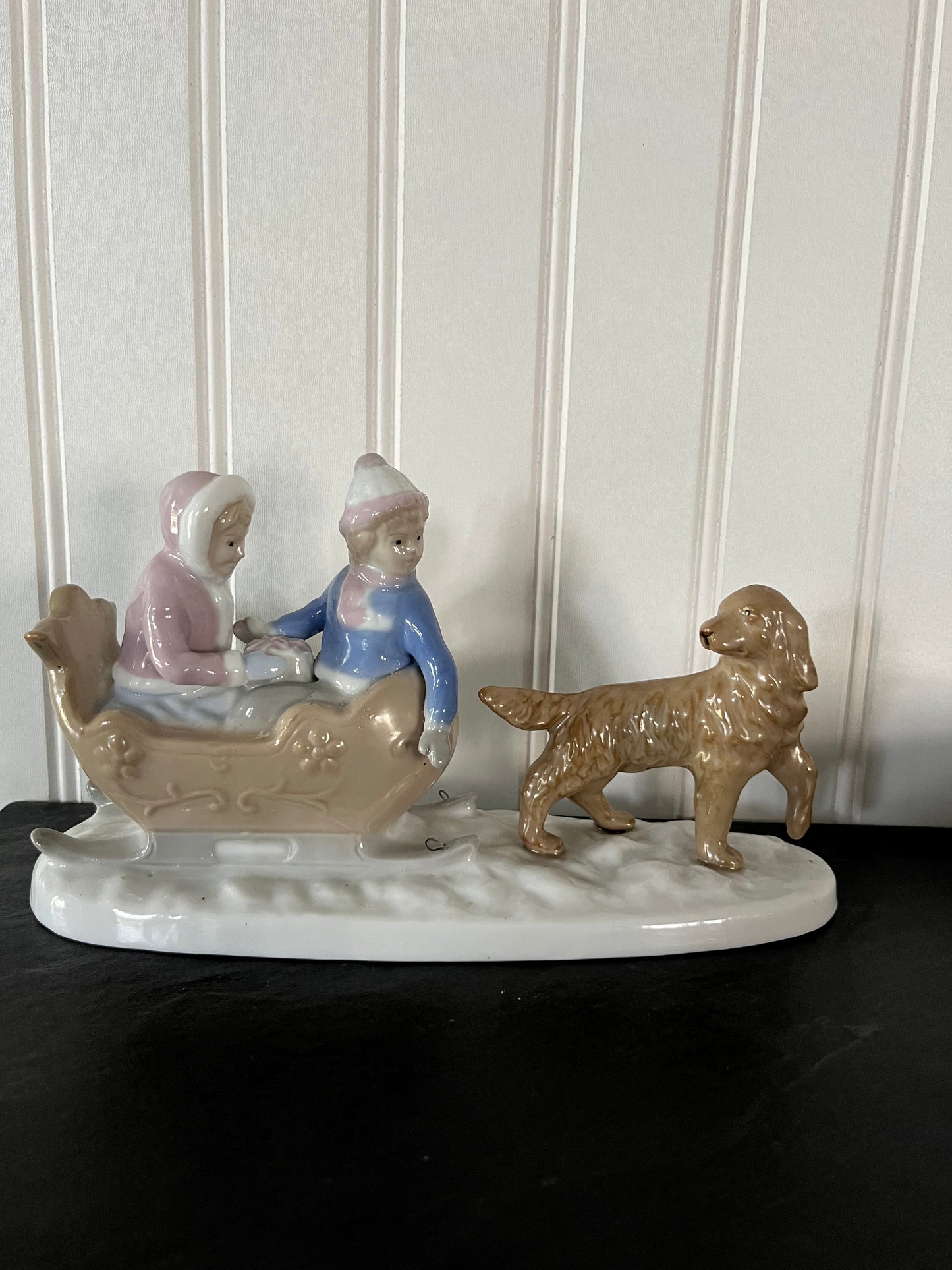 Vintage Porcelain Girl and Boy with Dog on Sleigh Ride Winter Scene Figurine - Meico Inc - 8.5" Width - Collectible Decor