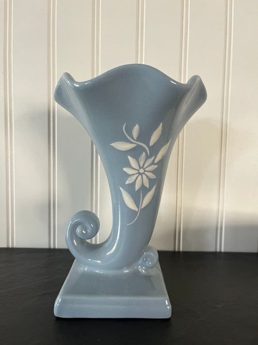 Vintage Mid Century  Art Deco Blue and White Abingdon Pottery Cornucopia Vase - 8" High - Floral Motif