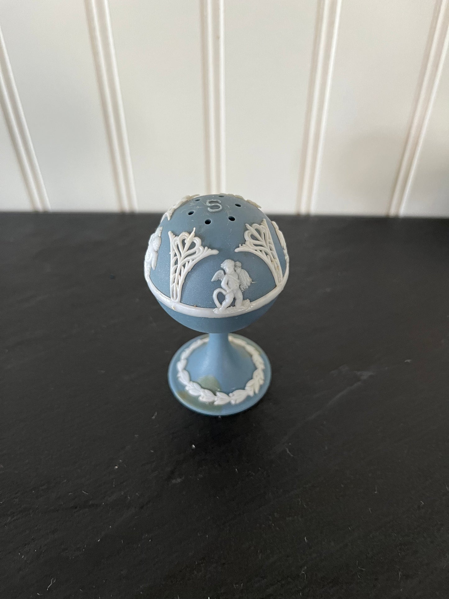 Vintage Wedgwood Blue-Neoclassical Style Salt and Pepper Shakers - Cherub Design, Blue and White, Made in Hong Kong