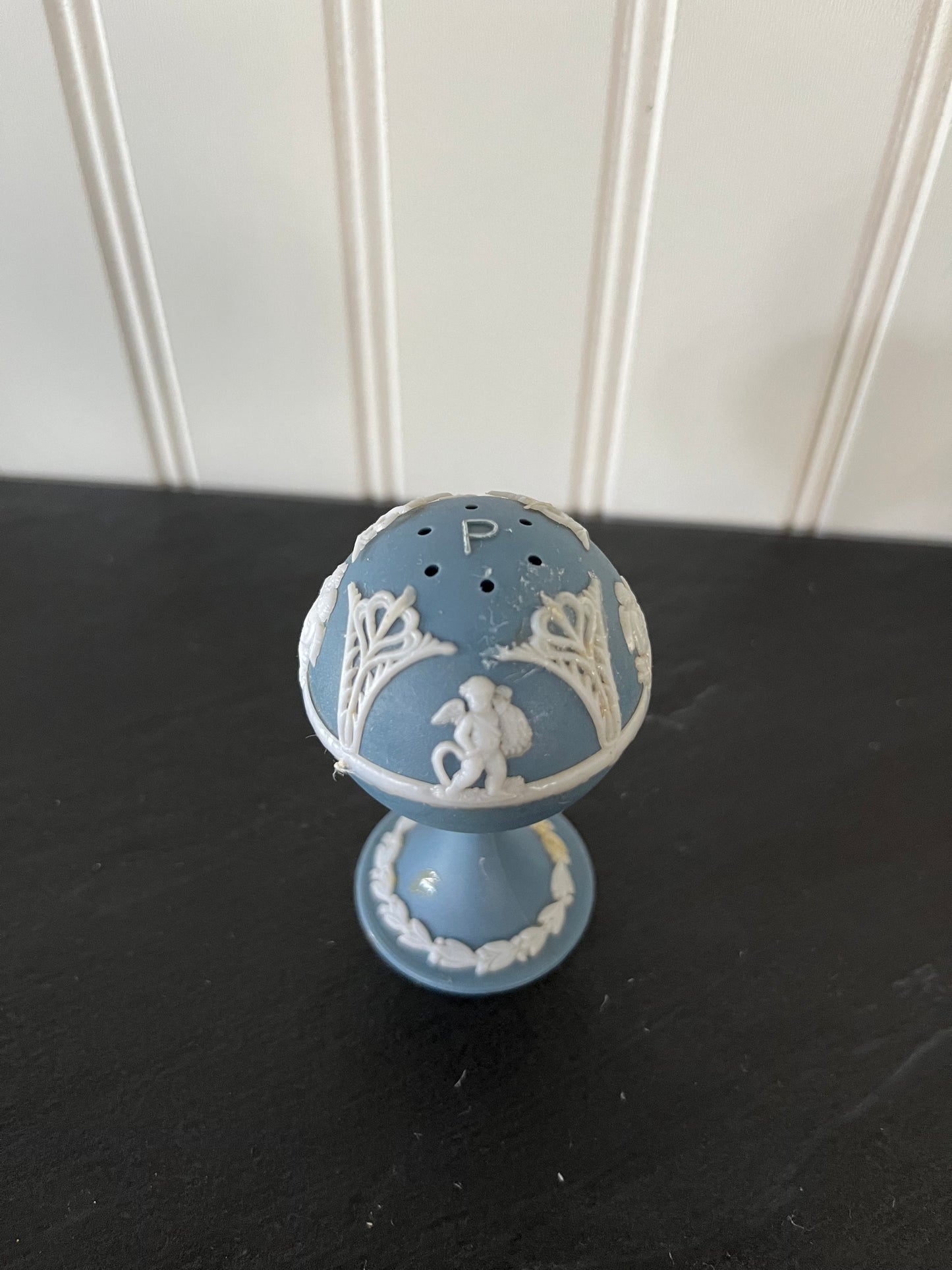 Vintage Wedgwood Blue-Neoclassical Style Salt and Pepper Shakers - Cherub Design, Blue and White, Made in Hong Kong