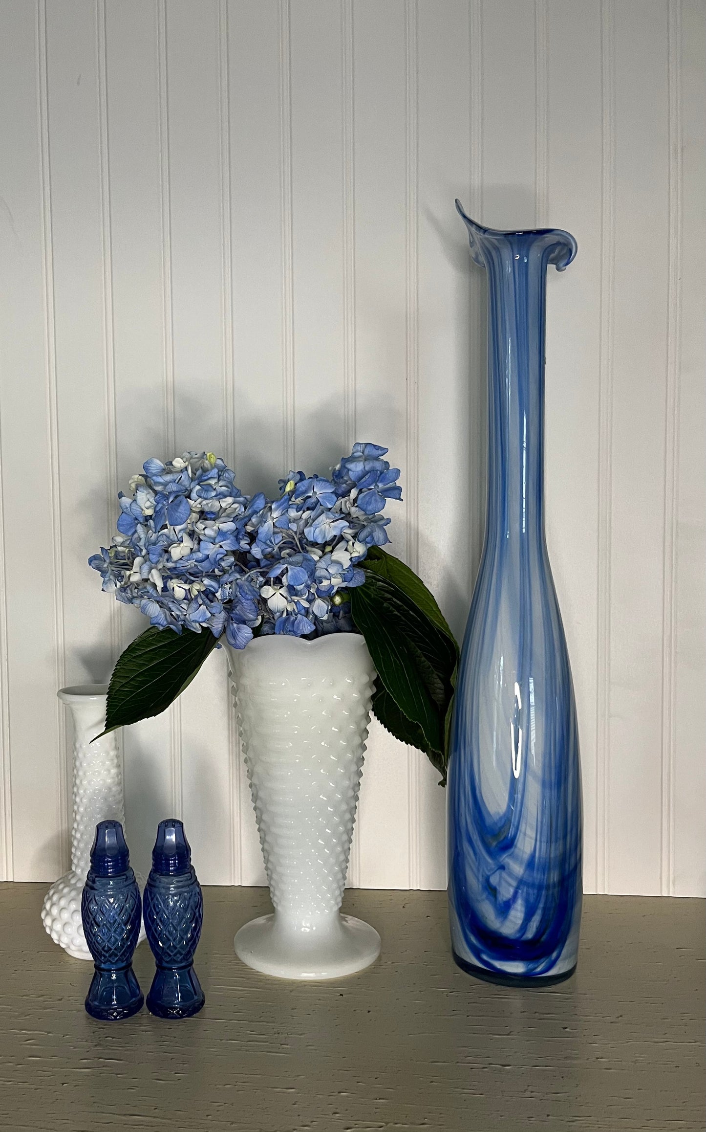 Vintage Blue and White Swirl Art Glass Swung Style Vase - 20" Height - Unique Decor