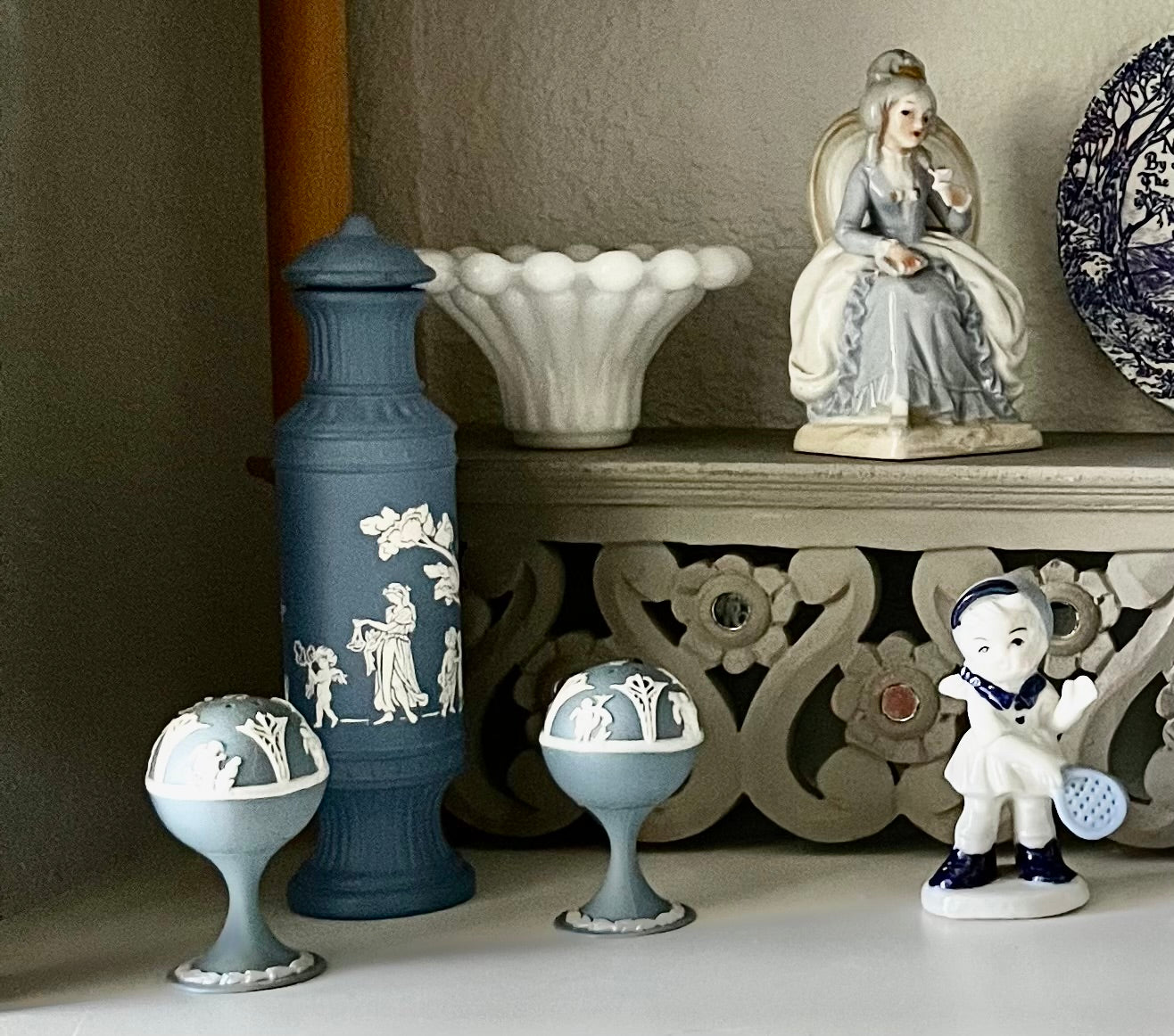 Vintage Wedgwood Blue-Neoclassical Style Salt and Pepper Shakers - Cherub Design, Blue and White, Made in Hong Kong