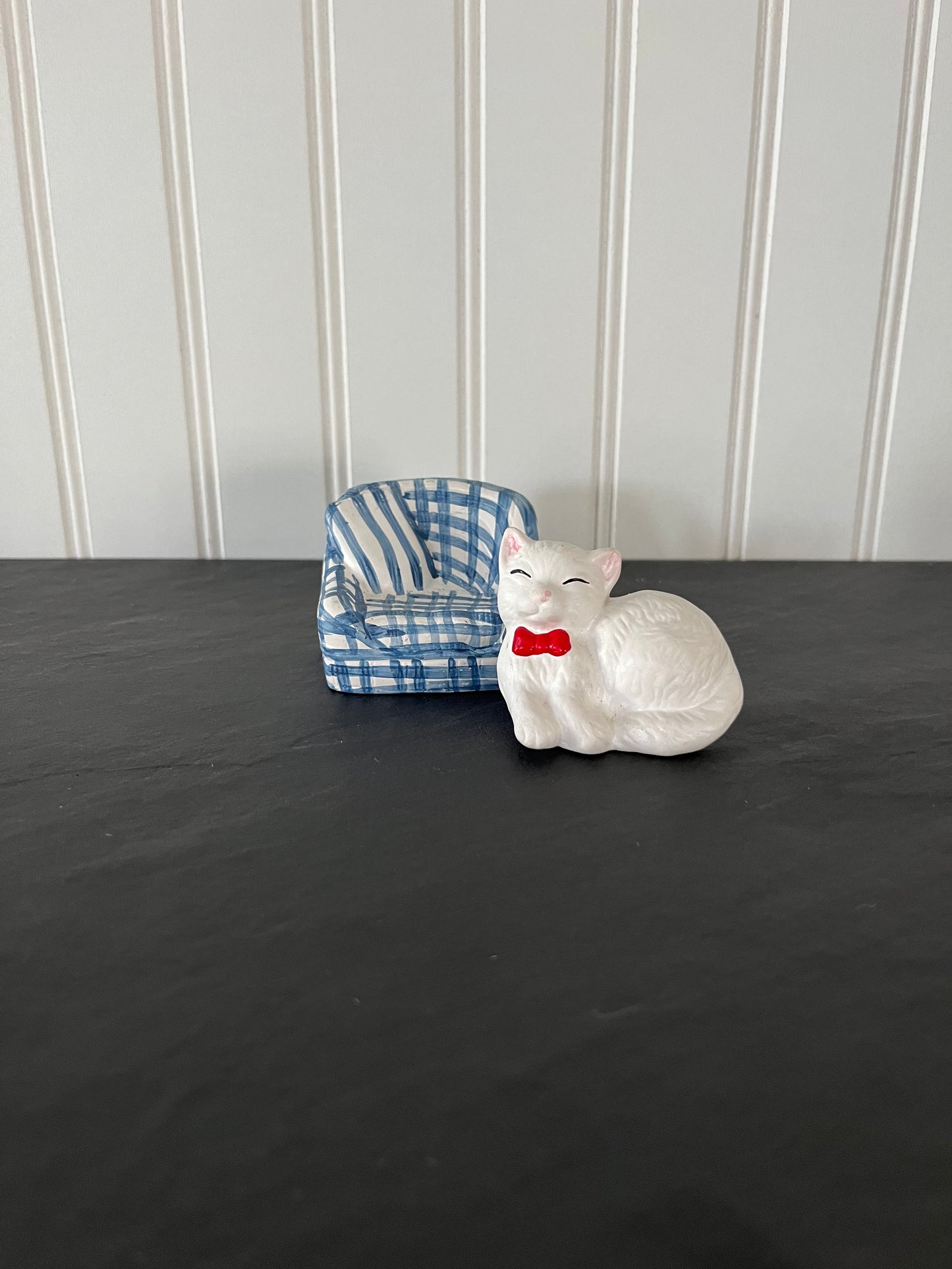 Vintage White Cat on Blue Gingham Chair Salt and Pepper Shakers - Charming Collectibles